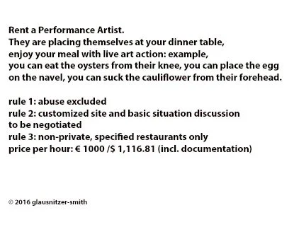 Anweisungen an Performer über das Platzieren von Essen während eines Live-Kunstaktionsessens, inklusive Regeln und Preisen, auf einem weißen Hintergrund.