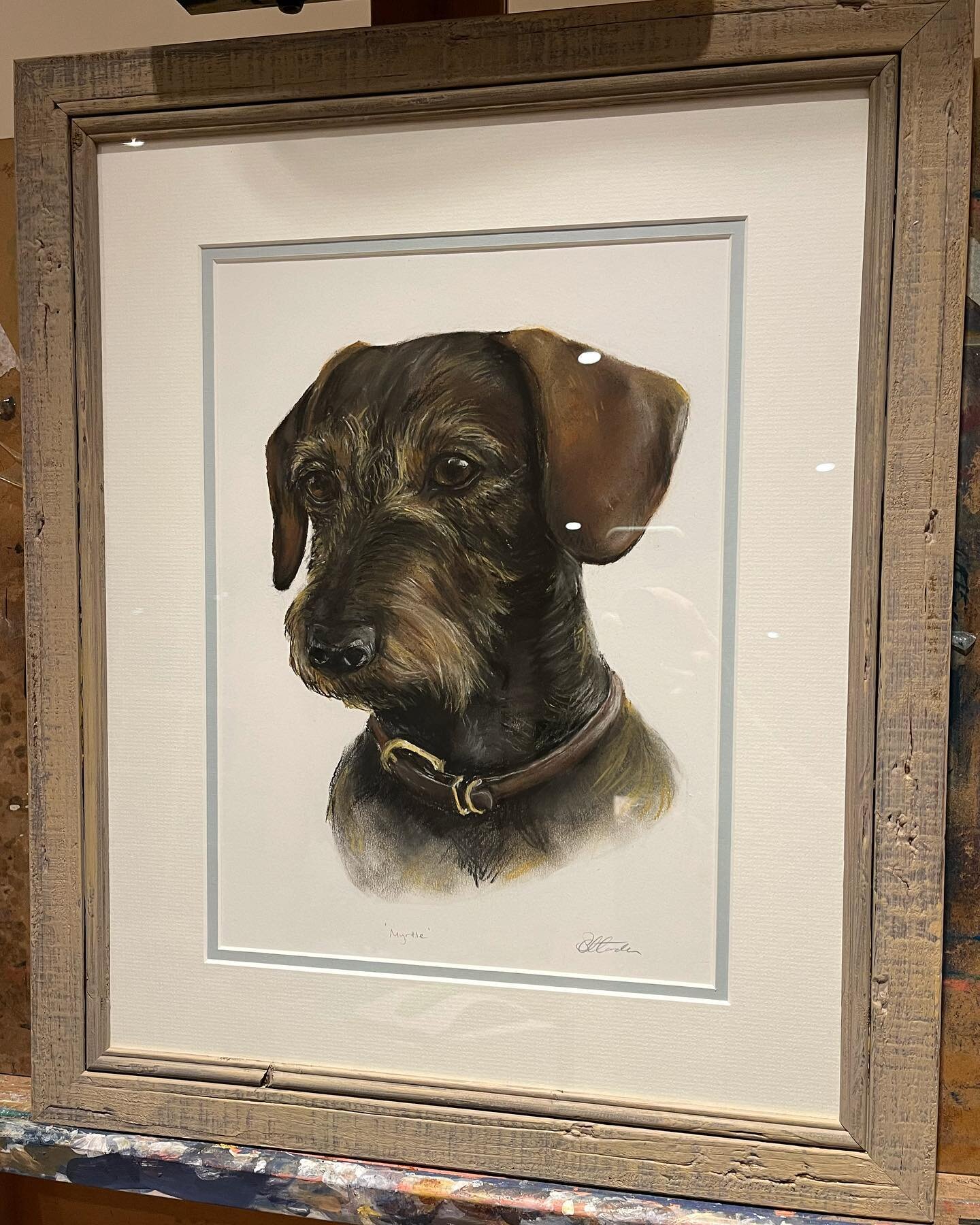 Gorgeous Myrtle framed and ready to go to home. #commission #bespoke #framed #pastel #dachshund #minidaschund #interiordesign #bespokeframe #dogsofinstagram #sophiehardenart