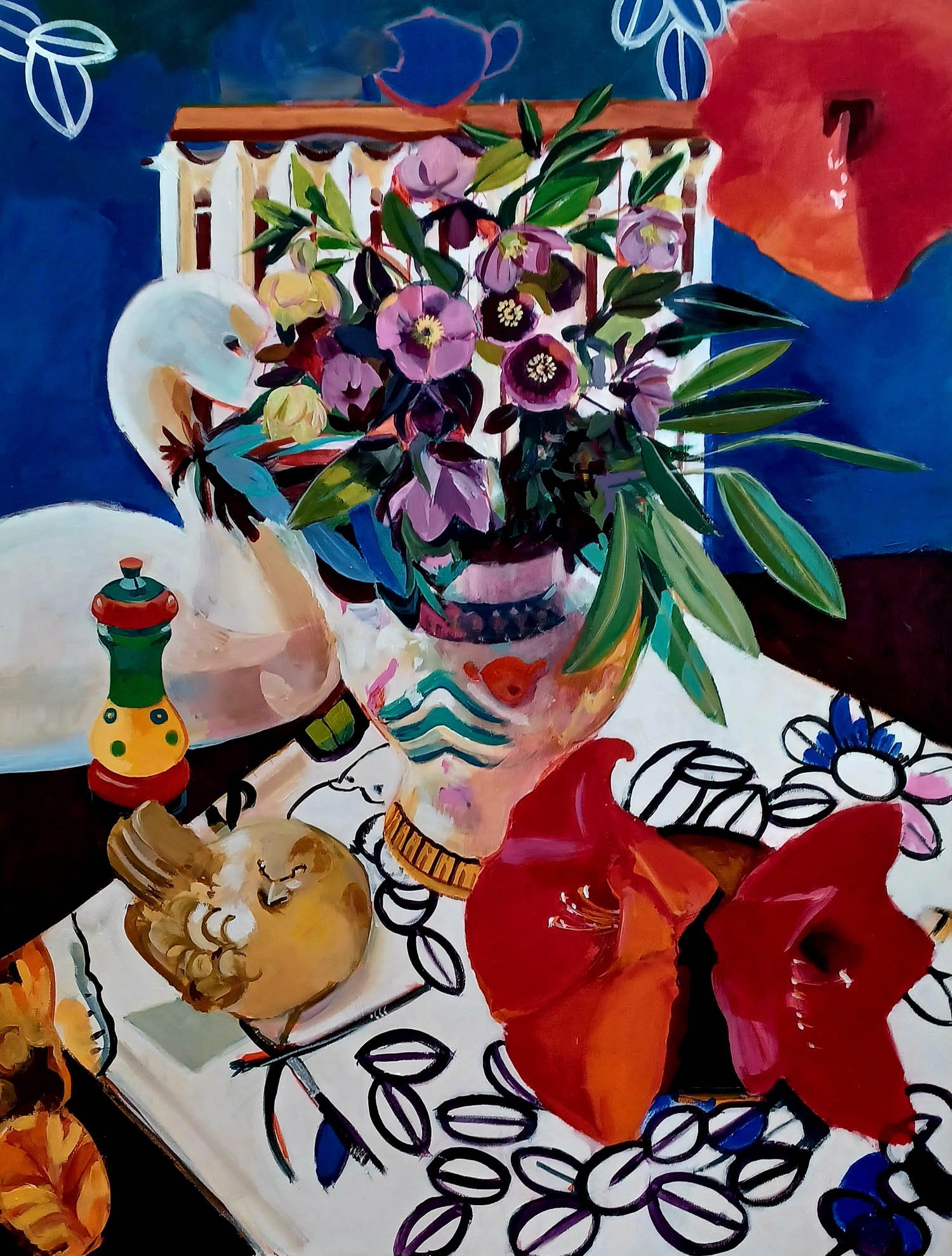 Hellebores and a Goose Decoy 48 x 36 Acrylin on Canvas