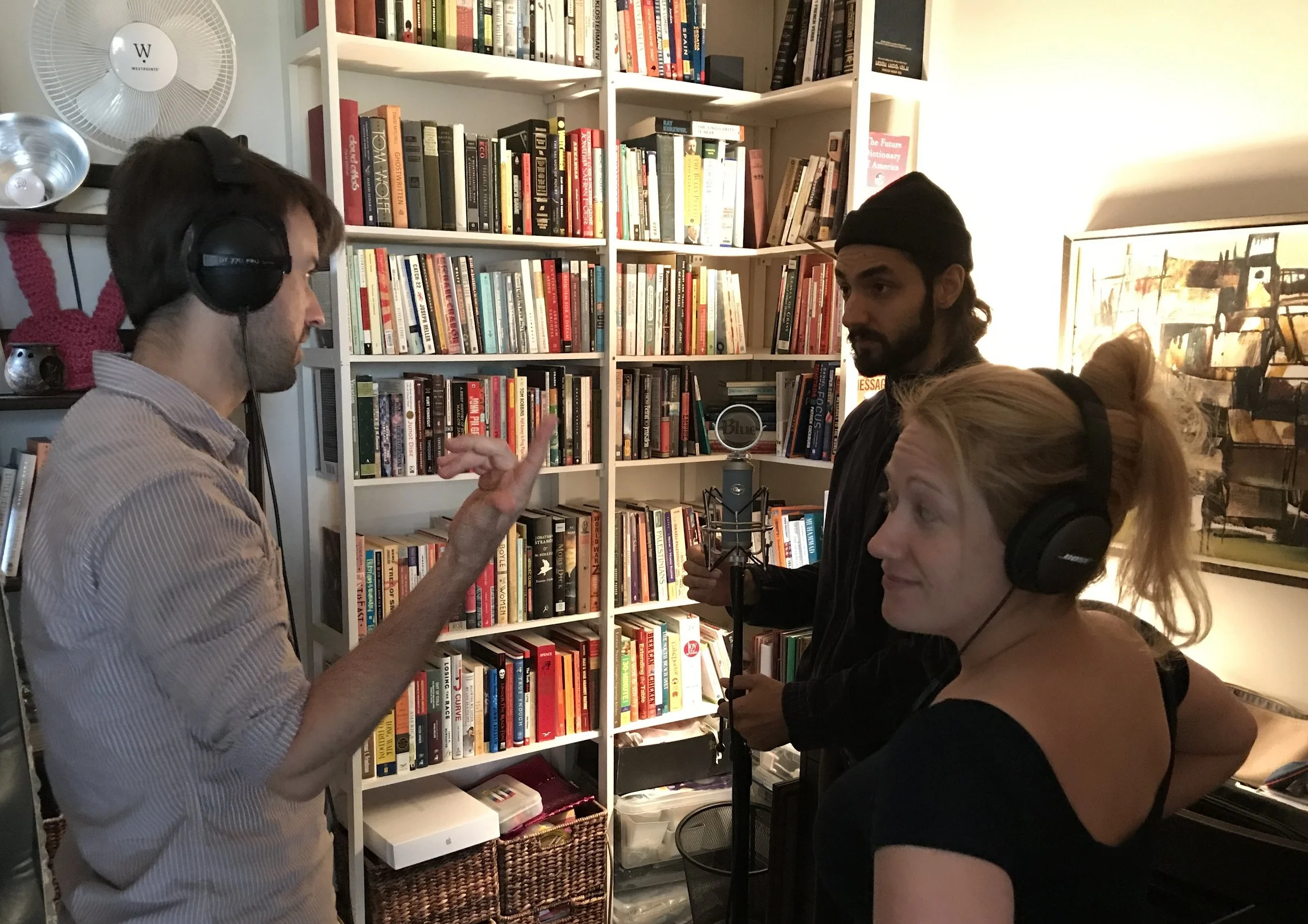 Johnny, Qais, and Marina preparing to lay down some backing vocals.