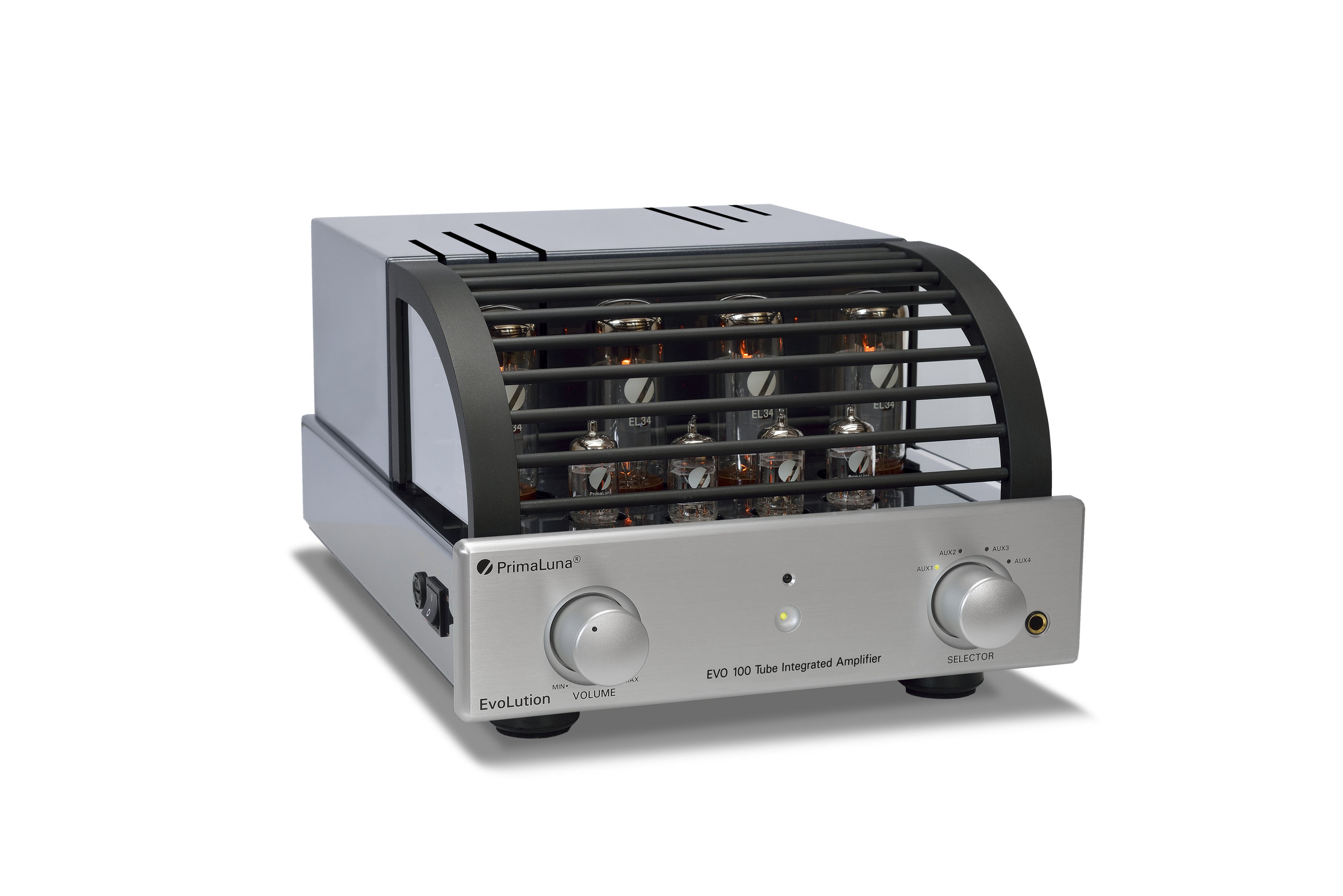 172b - PrimaLuna EVO 100 Tube Integrated Amplifier - silver - slanted - white background.jpg