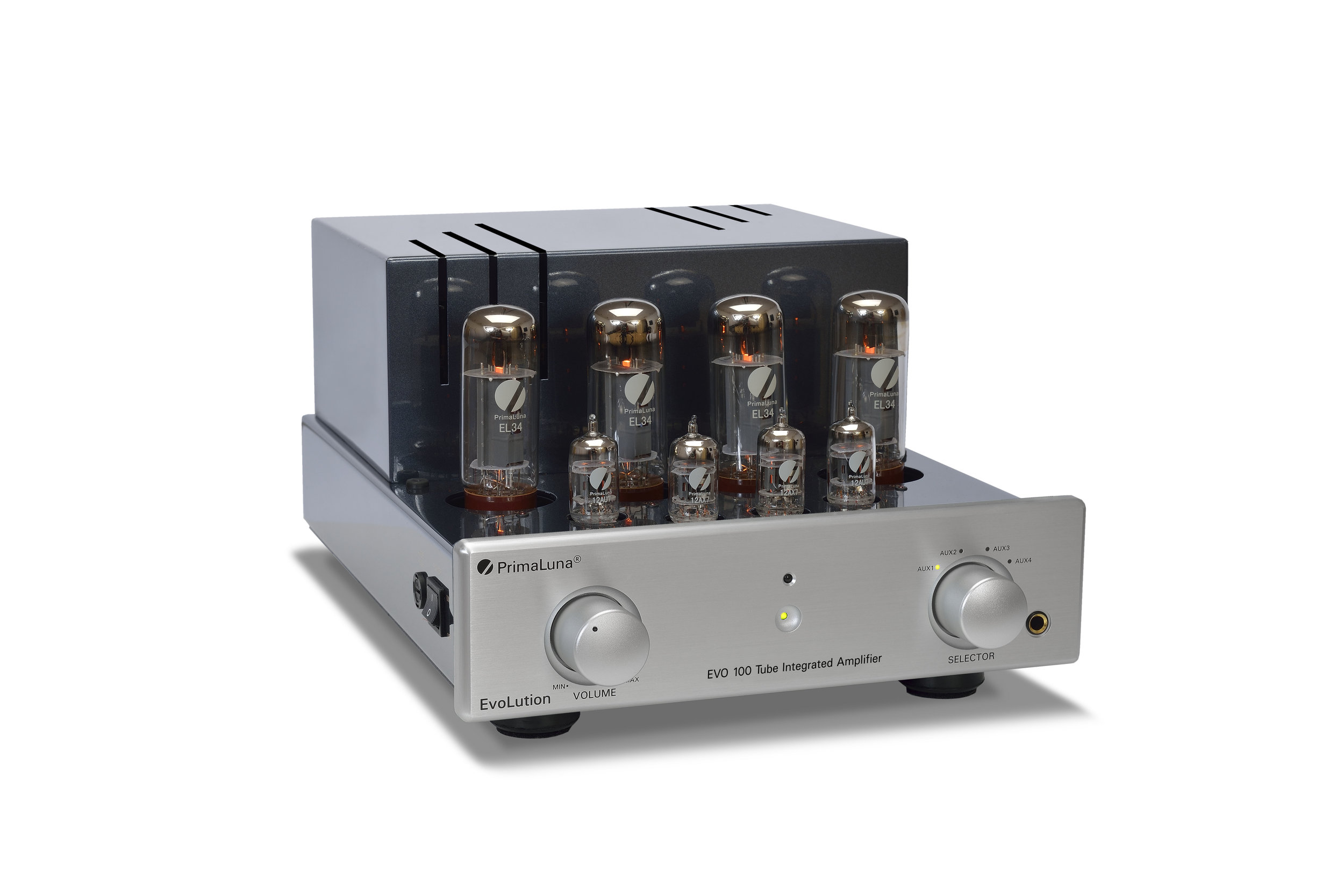 173 - PrimaLuna EVO 100 Tube Integrated Amplifier - silver - slanted - without cage - white background.jpg