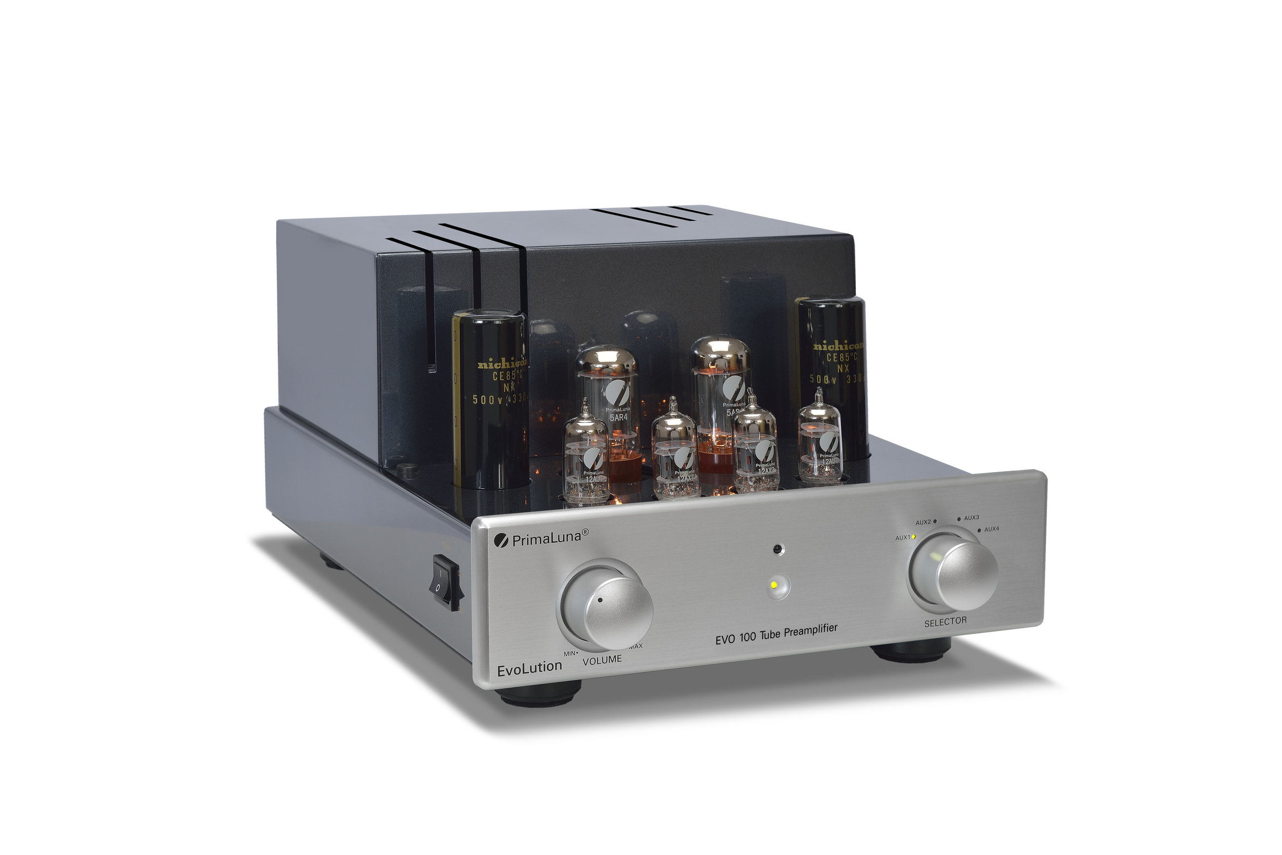 153b - PrimaLuna EVO 100 Tube Preamplifier - silver - slanted - without cage - white background.jpg