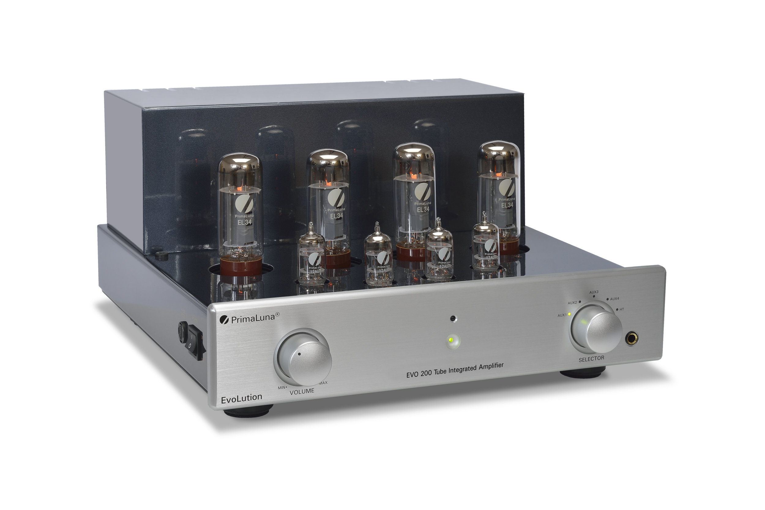 104b - PrimaLuna Evo 200 Tube Integrated Amplifier - silver - slanted - without cage - white background.jpg