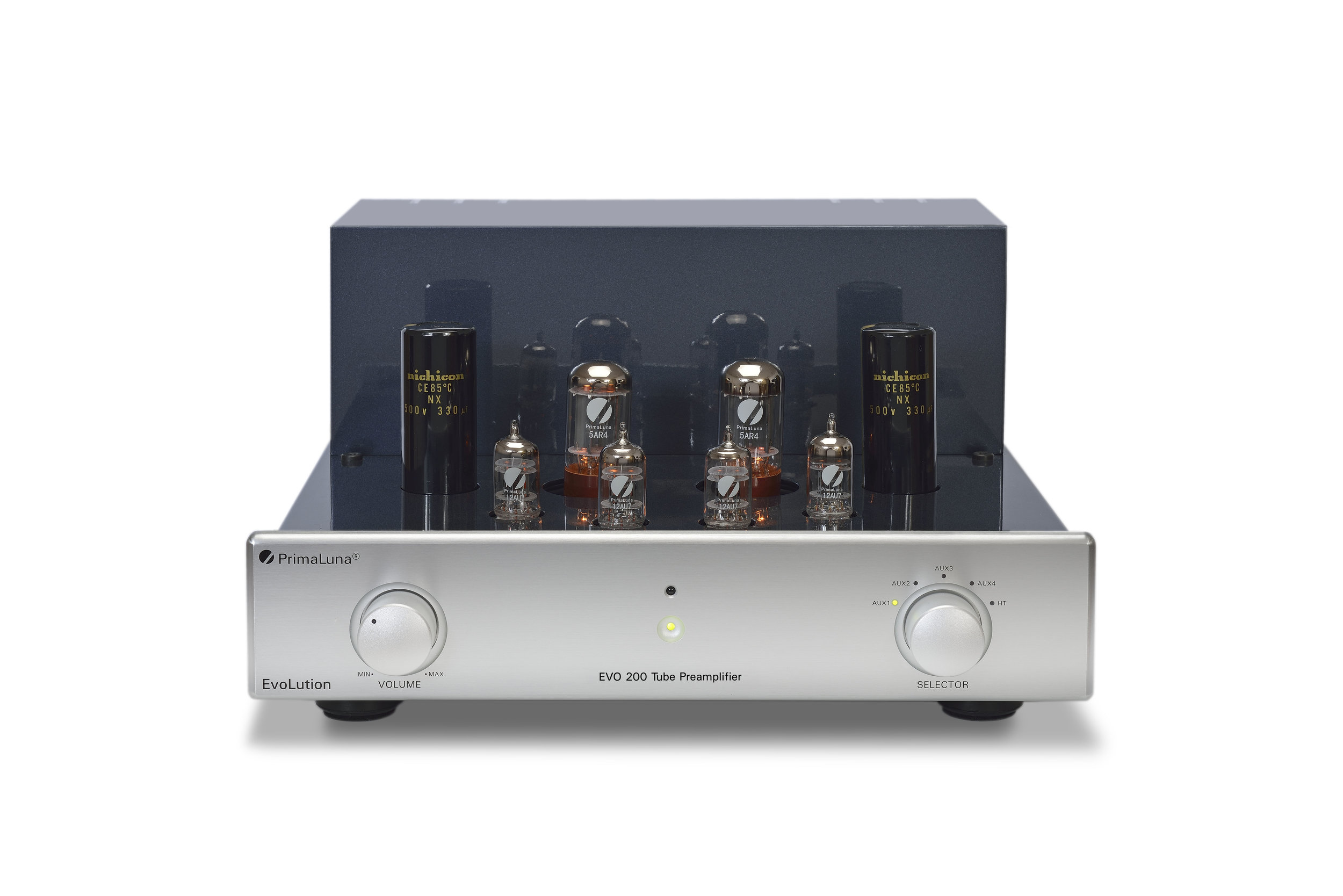 082b - PrimaLuna Evo 200 Tube Preamplifier - silver - front - without cage - white background.jpg