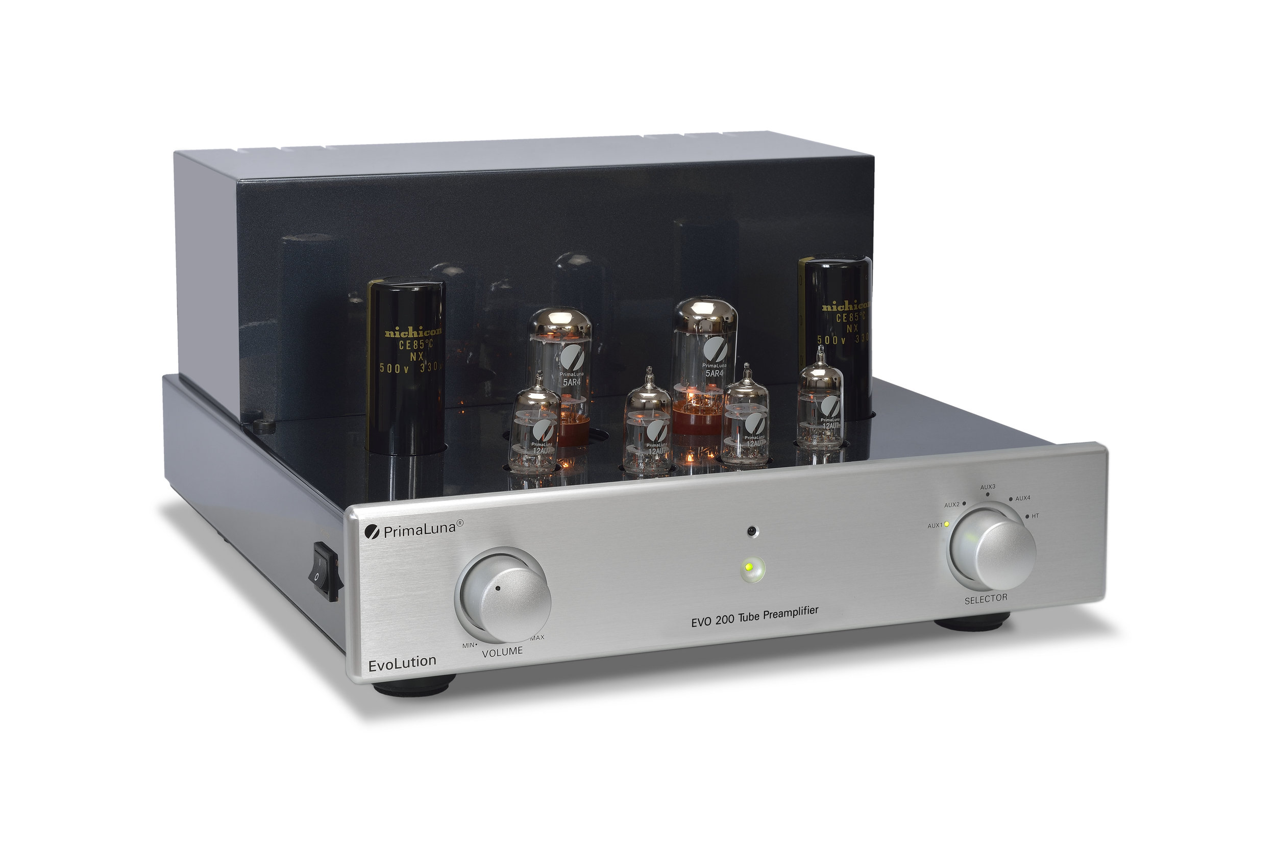 084b - PrimaLuna Evo 200 Tube Preamplifier - silver - slanted - without cage - white background.jpg