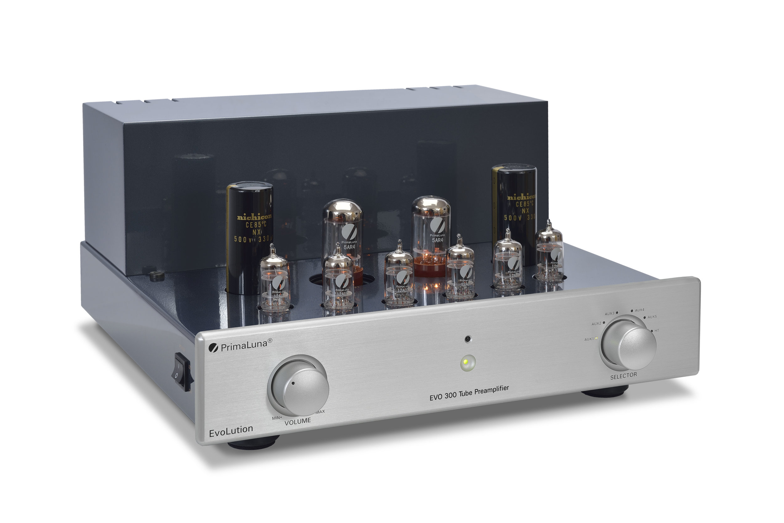 015b - PrimaLuna Evo 300 Tube Preamplifier - silver - slanted - without cage - white background.jpg