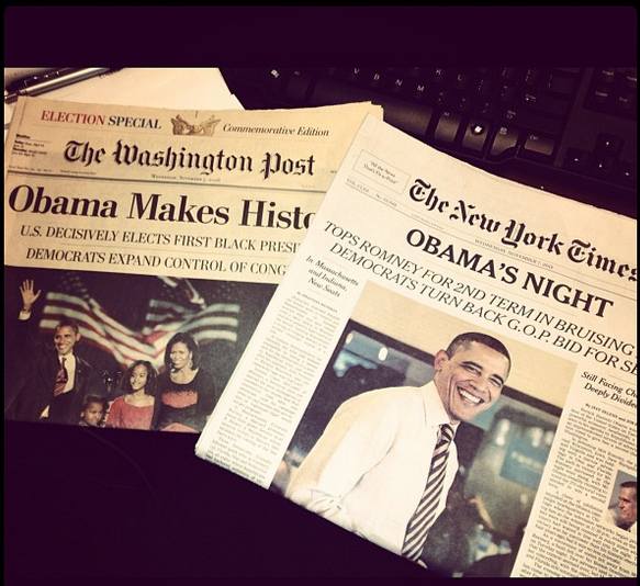 Newspapers I collected after Obama's historical wins. Picture taken the day after Obama won his second term November, 2012.