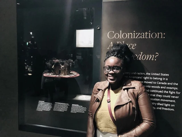 In front of the exhibits on Liberia and Sierra Leone, West Africa. Both countries were apart of Britain and USA efforts to return descendants of slaves back to Africa for resettlement