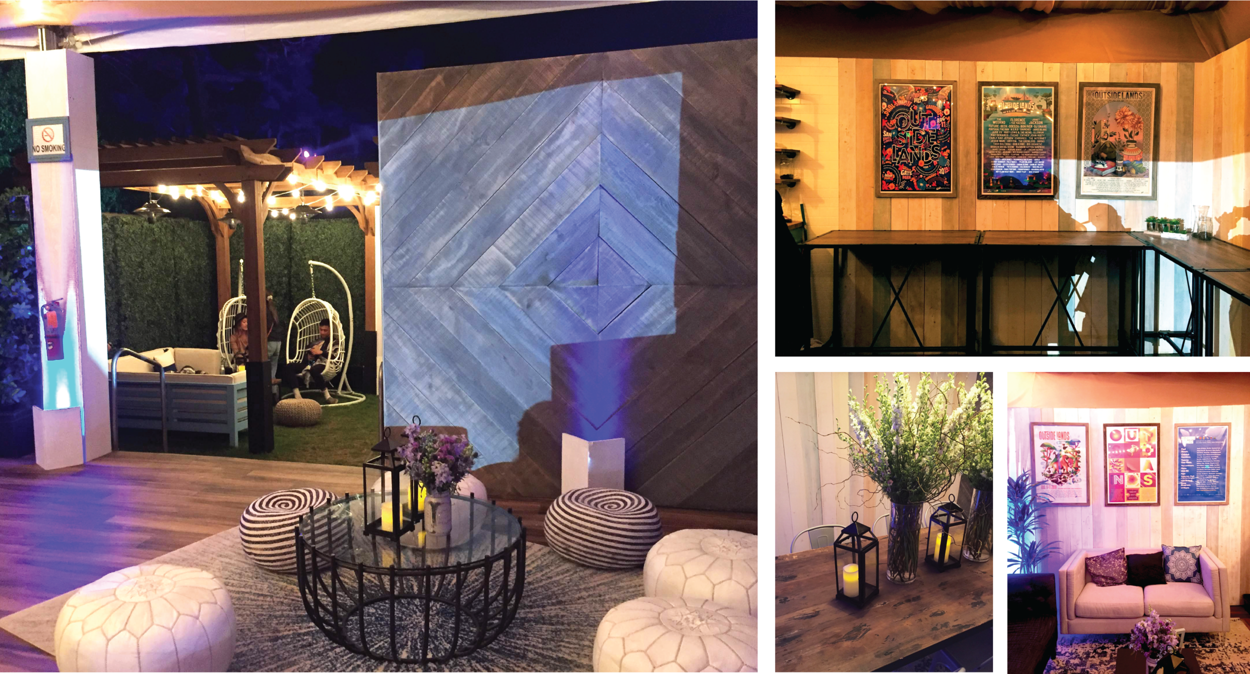 Exterior lounge area with pergolas Customized signage Color-matched furniture to fit brand guidelines