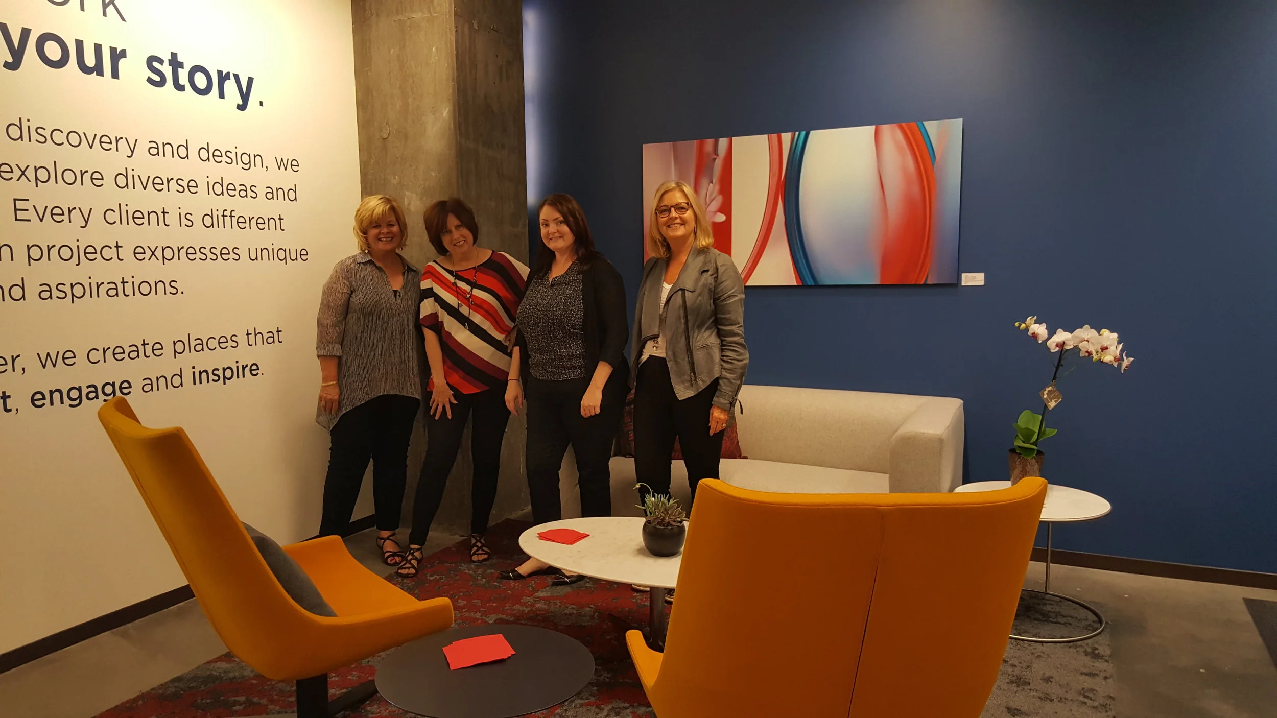 Trish Garrett Fox joined (from left to right): Valary Bral, Mohawk Group; Mary Davis, Pallas Textiles; Kelsey Myatt, Haworth; Trish Garett Fox, Fine Art Matters for a reveal of new collections and artwork on September 25, 2017.