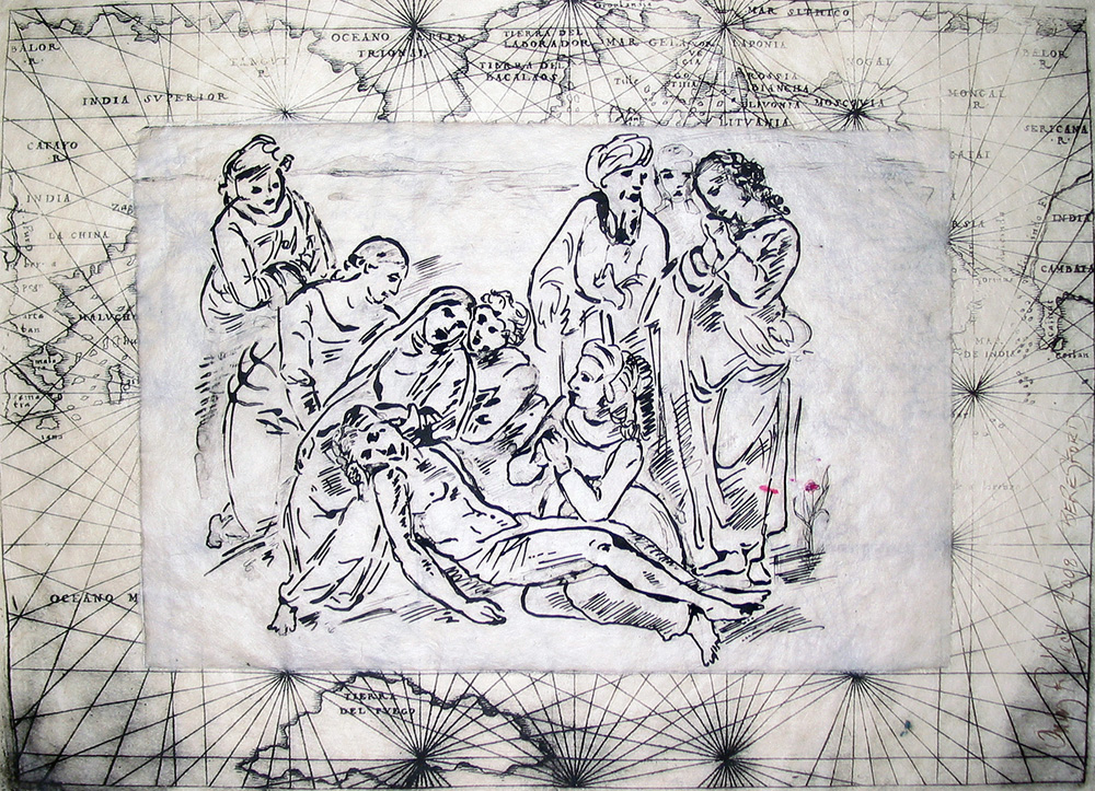 "Only Connect (Baghdad Pieta)" (after Raphael); intaglio collage; 11.75 x 16"