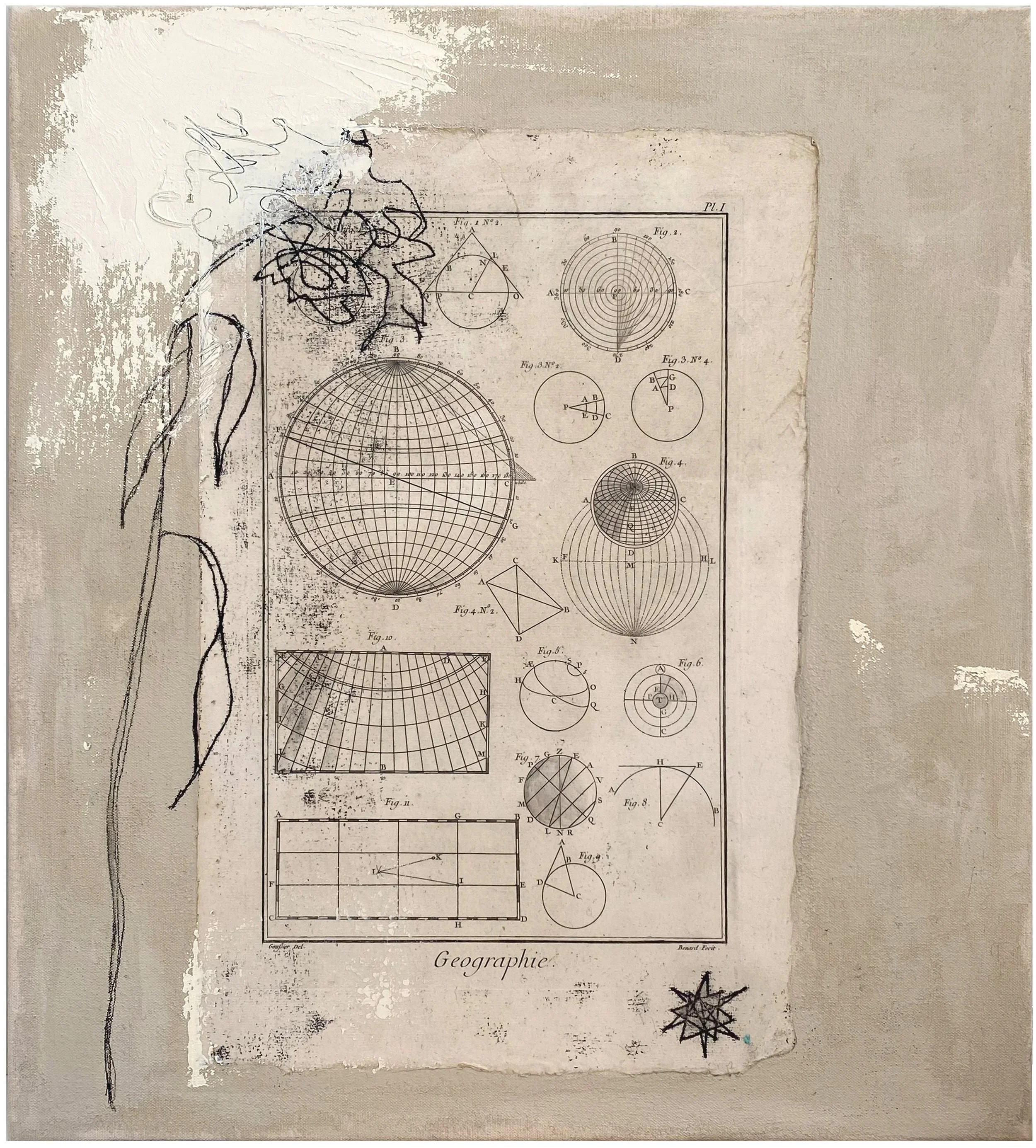  Geometry of Flowers I   ink &amp; oil &amp; paper on canvas; 2026  20 × 18” 