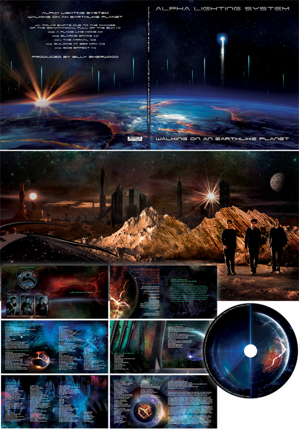 I designed this album art, creating a visual fantasy world which depicts the story told within the song lyrics. The band is Alpha Lighting System , a young Mexico City based progressive rock trio. The album is entitled, Walking On An Earlthlike Planet . It was great fun to work on interpreting the music and my clients were more than pleased. 