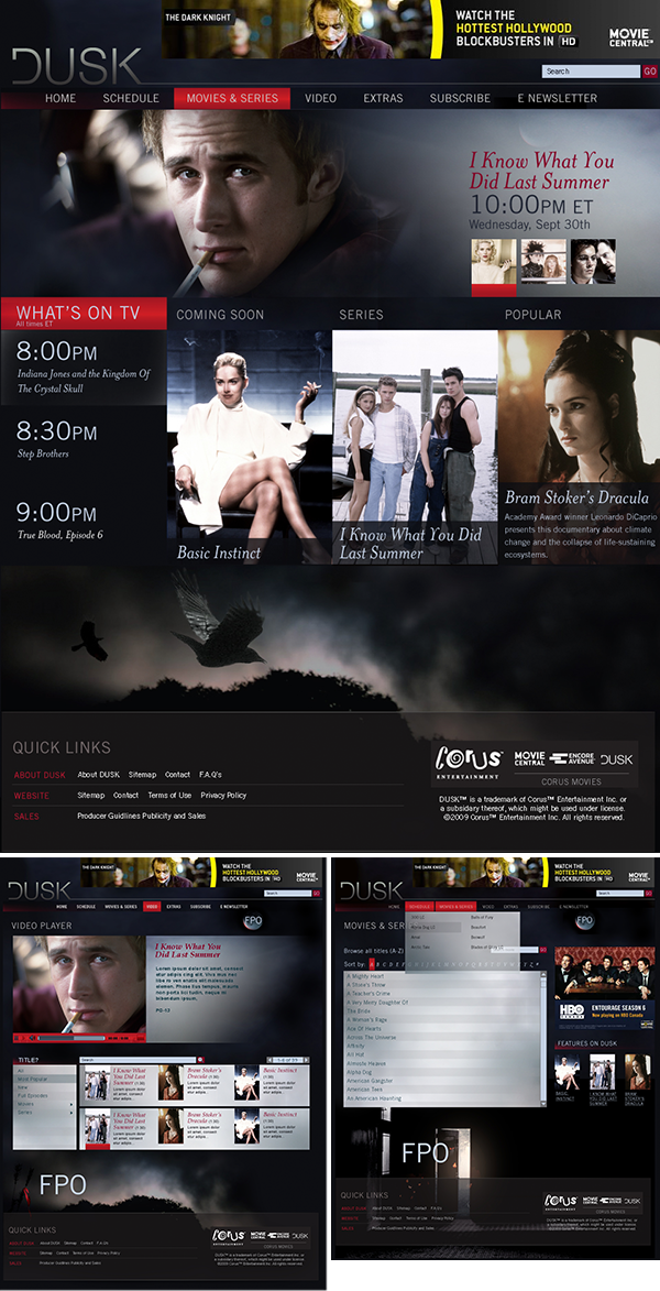 DUSK was a thriller and suspense television station under the Corus Entertainment umbrella that replaced the horror channel, Scream TV. This was my first project when Corus contracted me in 2009-2010. My role was to design the entire website from wireframes and very little branding to work with. For the first time at Corus, On Air used design elements from the Interactive department which I created for the site. It was a proud moment for the team and the site received a great review at the end of the fiscal. In 2012, DUSK was discontinued so that Corus could make room for ABC Spark. “Christine enthusiastically took on the design of a new specialty channel website that had a still-vague brand identity and no graphic assets for her to work with. Despite these challenges she did a fantastic job translating the “look and feel” of this undefined brand into a solid and stylish website (www.DUSKtv.ca).” - Karen Wilkinson, Interactive Producer, Corus Entertainment, 2010