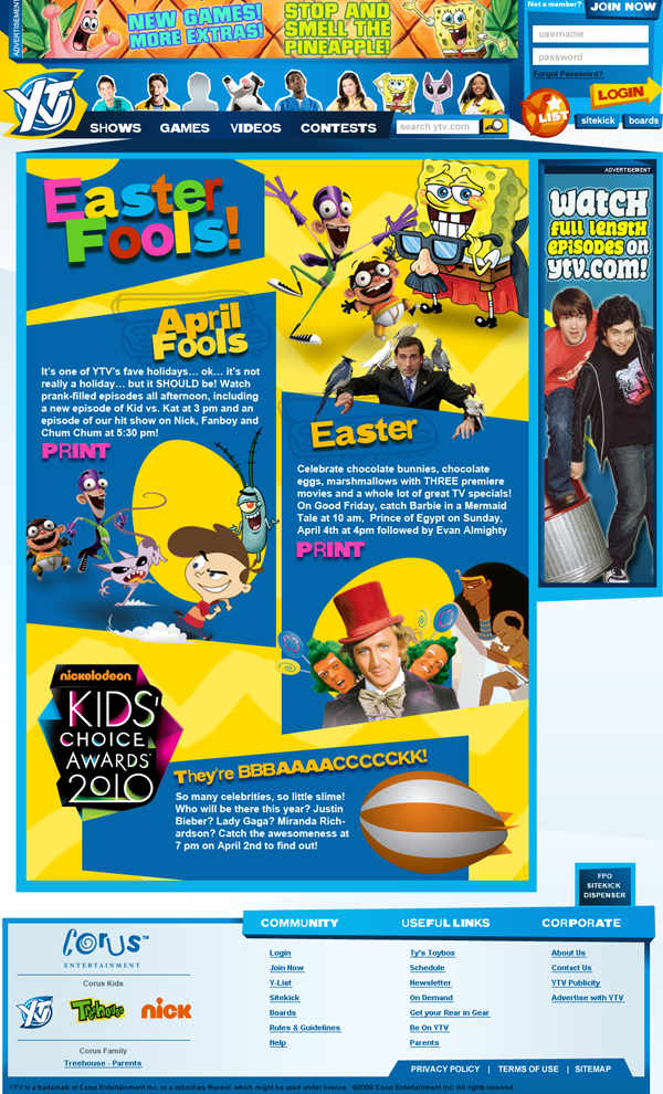 Here is another example of one of many monthly ‘spike’ pages that I created for the YTV website. Corus wanted an April Fools and Easter combined theme. With provided copy, I designed the theme to blend with the YTV brand.