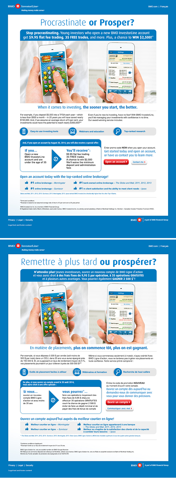While at BMO as a Senior Web Designer, I designed the bilingual pages for this Investorline youth web campaign meant to target 25-35 year olds. I created the photo manipulated images and the game layout as well as the overall layout with icon designs. Also shown are the alternate concepts I had created during the development.