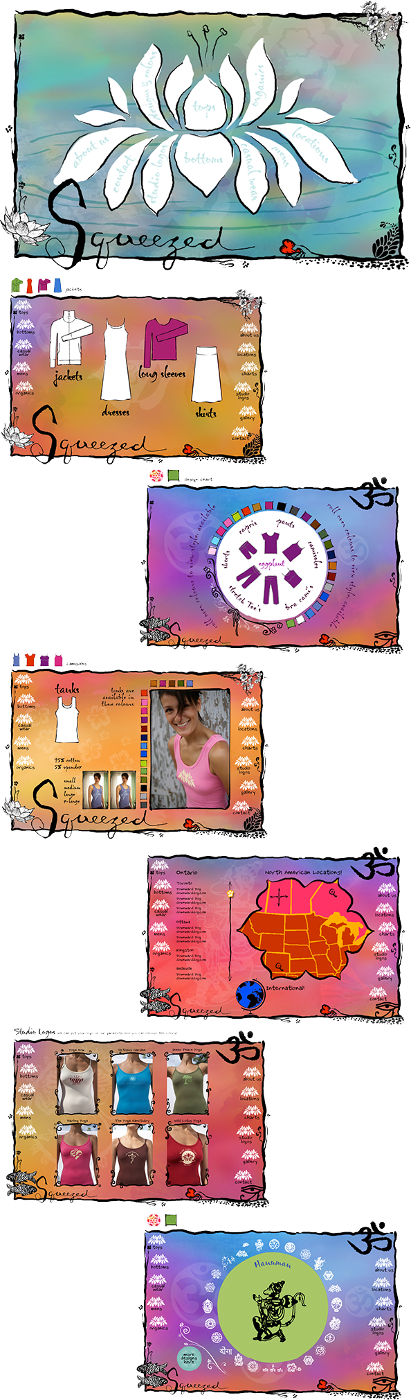 This was a lovely yoga garment online catalog that I created in Flash back in 2009. Each page swept over a large colourful background that created beautiful fluid continuity from page to page. 