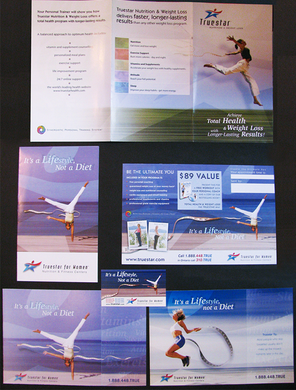 This campaign was created as direct mail pieces, sales pieces for our door to door marketers and in outdoor advertising. This look I created with leaping ladies and measuring tape also sparked a trend in the weight loss world. 