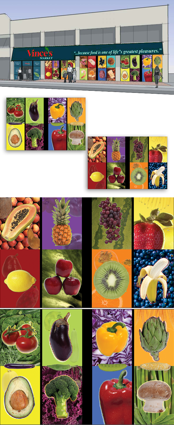 Full coverage window decals that I designed for a small independent grocer, Vince's. I was inspired to create a big and bold look and feel reminiscent of pop art. 