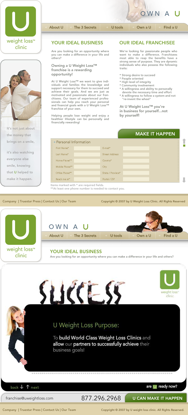 I created several pages and components within the U Weight Loss Clinic website between 2007-2008. Here are a few examples. 