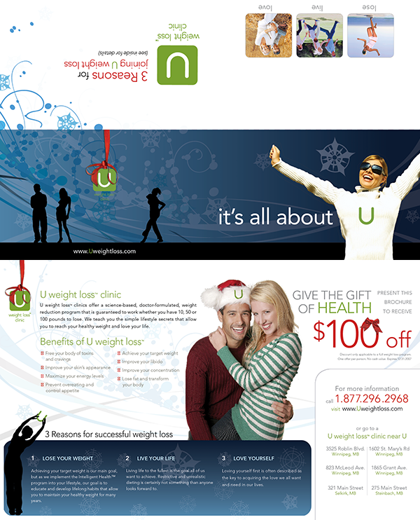 A Christmas campaign direct mailer that I designed for U Weight Loss.