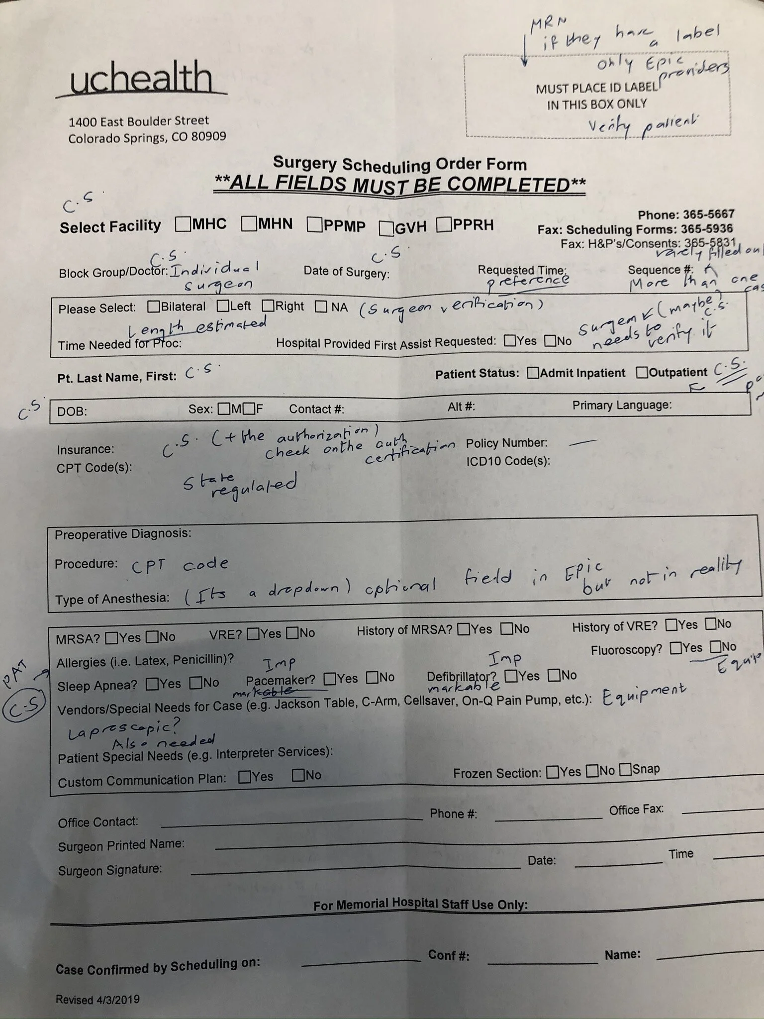  This is what a case form looks like when a patient is scheduled for surgery. We discovered that there was a large amount of variance in the format and fields depending on the hospital. 