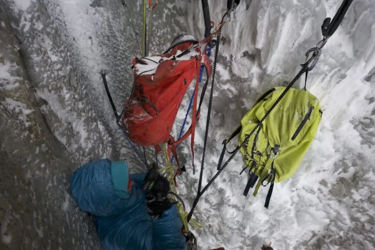 When the heavier belay gloves come in handy….belaying from tiny chimney getting shelled by spindrift and ice. Have my climbing gloves in my jacket for relatively delicate climbing it will require to follow. Photo credit: Austin Siadak