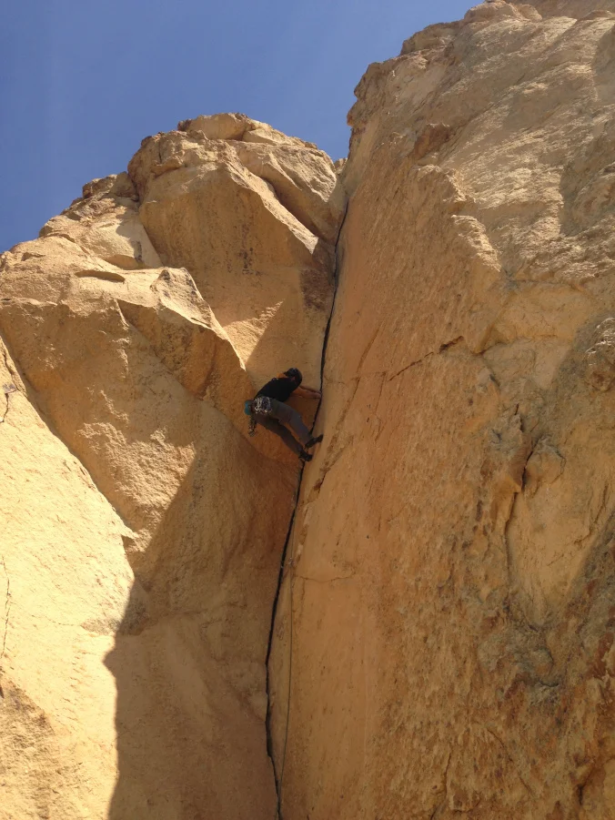 Excellent crack technique on the crux of Delirium Tremens at Smith Rock. Photo: Vinny Stowell