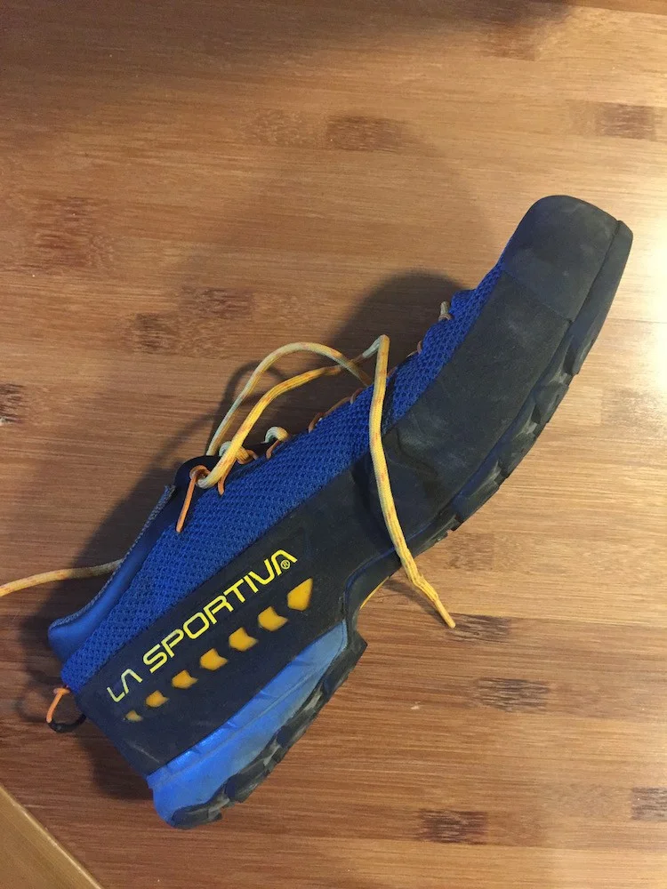 Side profile of the shoe: shows the rubber guard around the toe box. I often wear a hole in the side of my shoes near the pinky toe (jamming, stress point due to wide feet) so I think this rubber guard will go along way. Also note that the shoe is fairly low volume for how well it hikes.