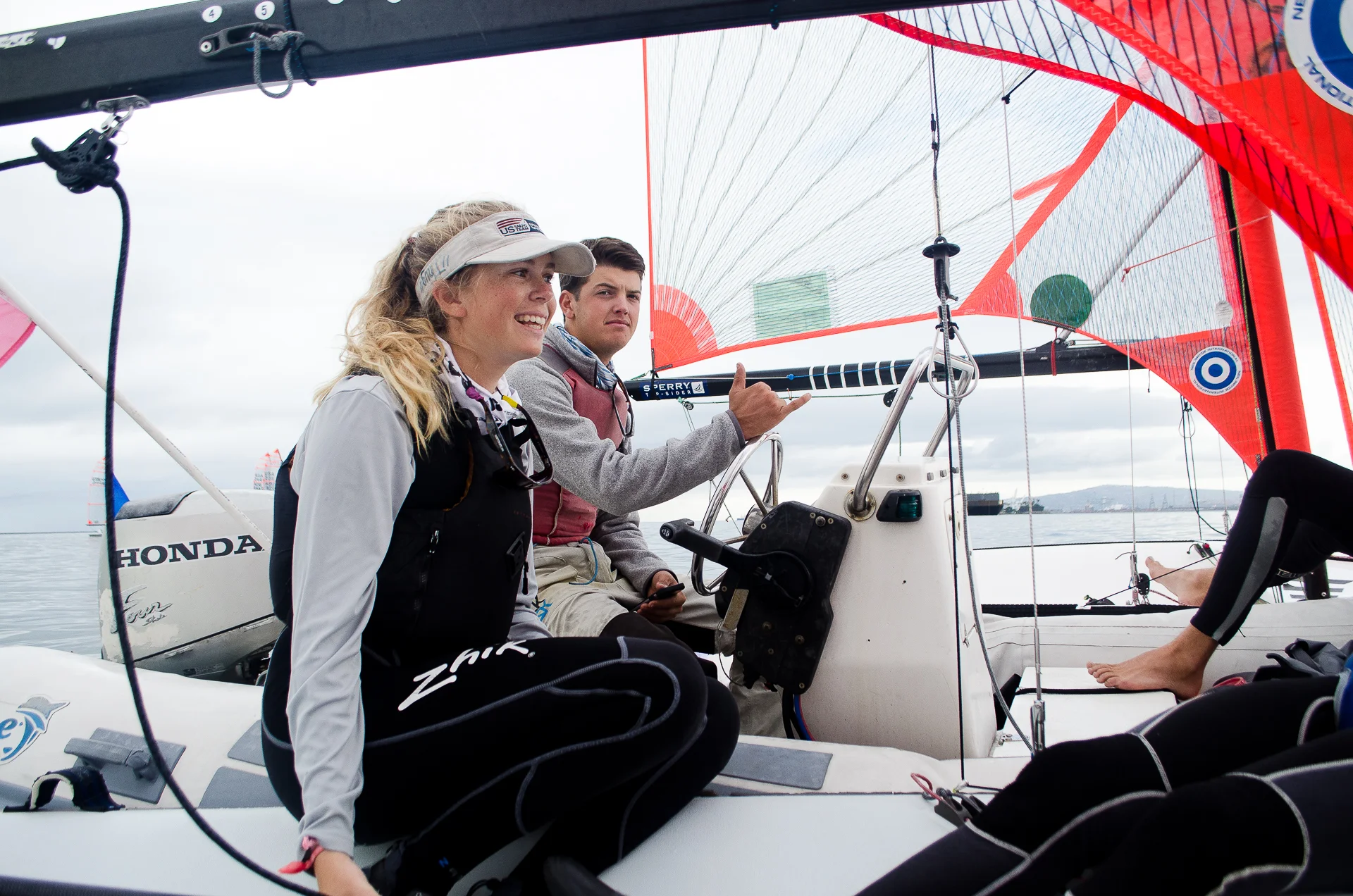 Evan Heffernan coaches Marley Mais in the 29er class sailboat