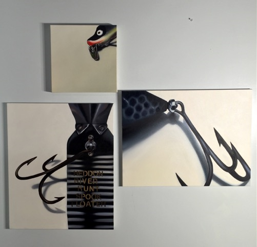 Pieces from Scott's "River Runt" series based on fishing lures she used with her father as girl