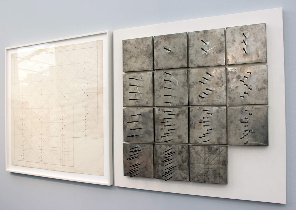 Günther Uecker, Plus-Minus-Nul (object and drawing), 1968, object: 15 single objects, nails on tinplate on wood, drawing: pencil on paper, Eykyn Maclean, London, UK and New York, NY
