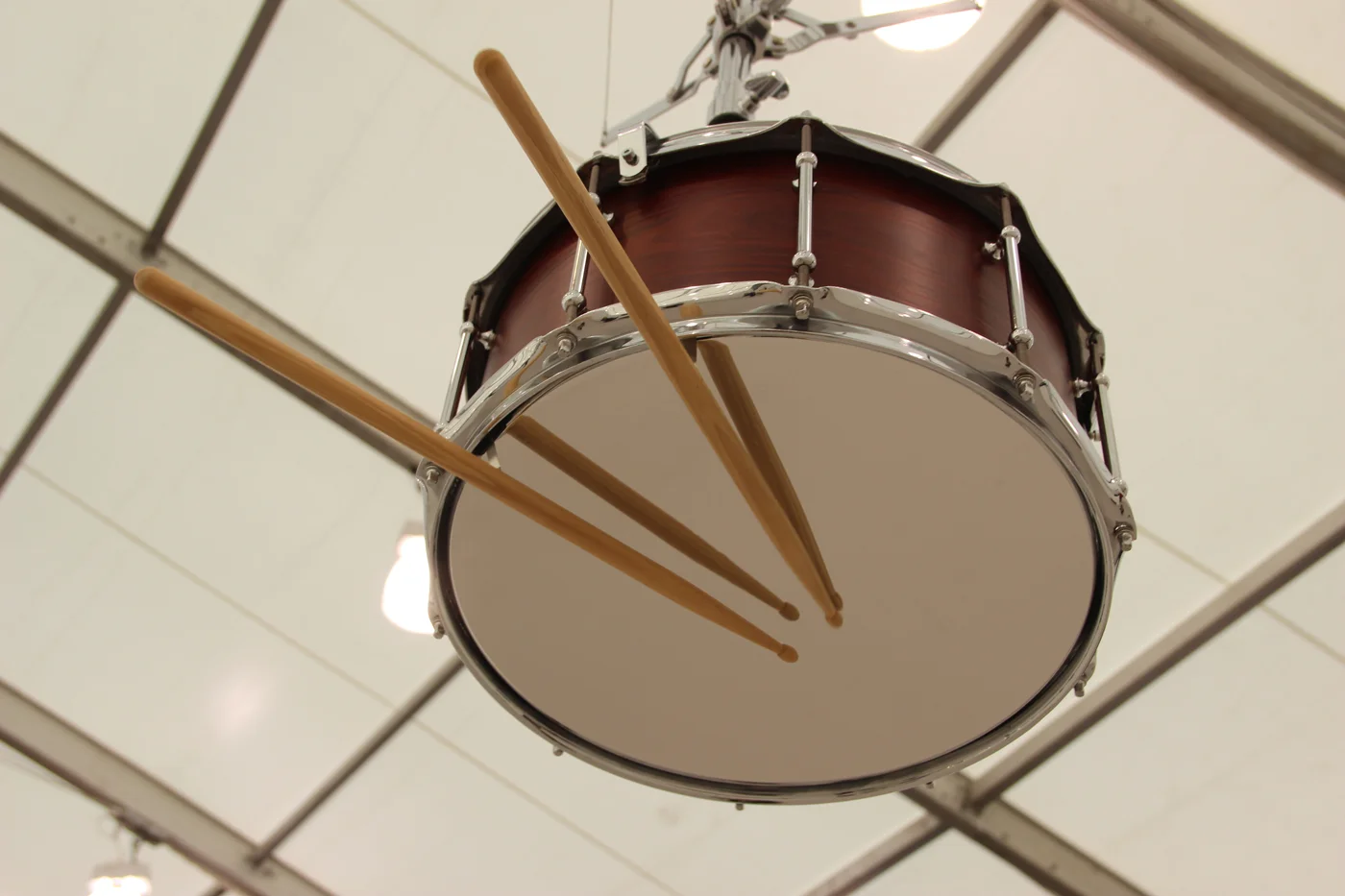 Anri Sala, Detail from Bridges in the Doldrums (2016) , 7 channel sound installation including 4 altered snare drums, loudspeaker parts, snare stands, drumsticks, 2 speakers and a subwoofer, Marian Goodman Gallery, New York, NY