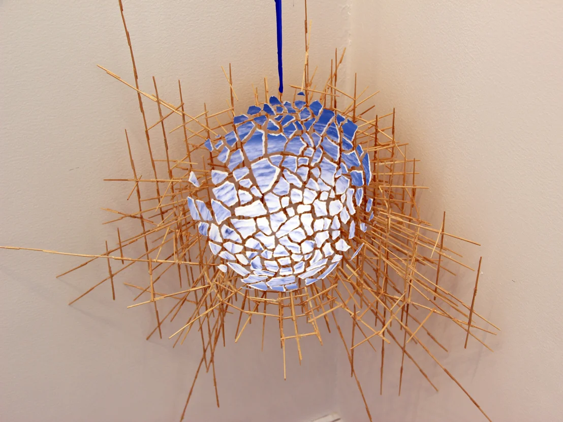 Sarah Sze, Three Foot Drop, 2017, mixed media, toothpicks, tape measure, archival prints, acrylic paint, string, Tanya Bonakdar Gallery, New York, NY