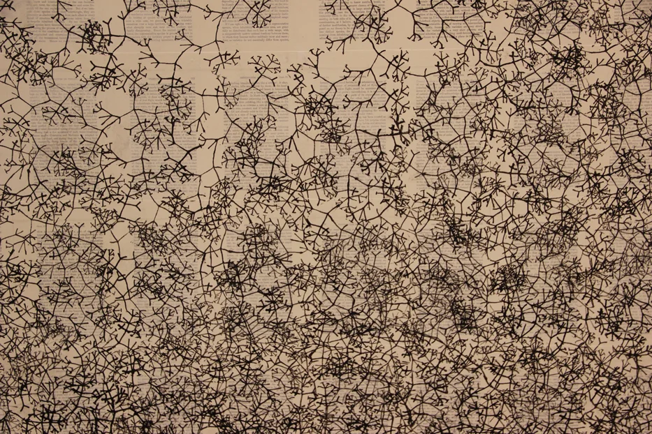 Tim Rollins and K.O.S, Detail of ON THE ORIGIN OF SPECIES (after Darwin), 2012, ink, matte acrylic, book pages on panel, Maureen Paley, London, UK