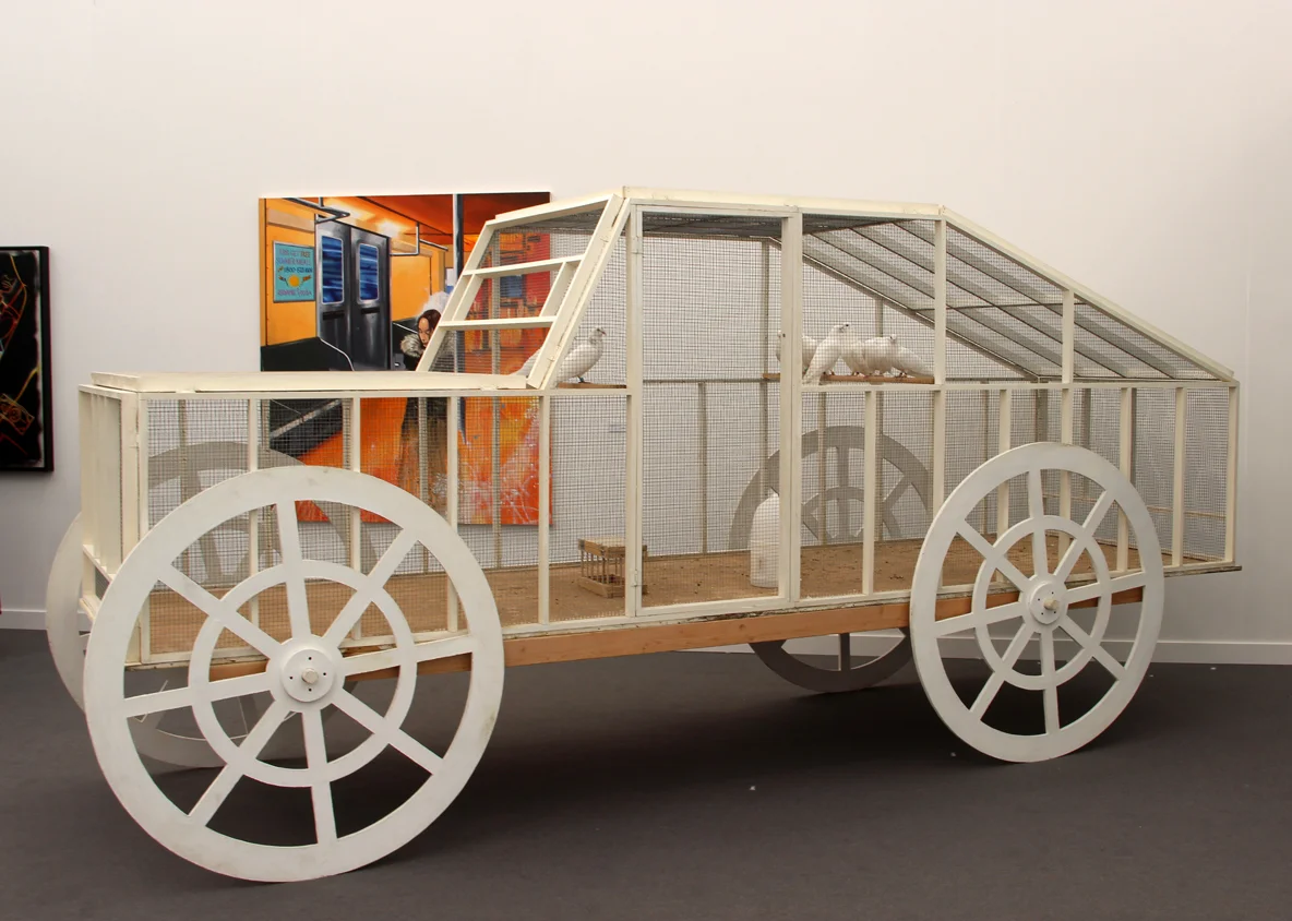 Andon van Dalen, The Pigeon Car , 1987, wood, wire, live pigeons, P.P.O.W., New York, NY