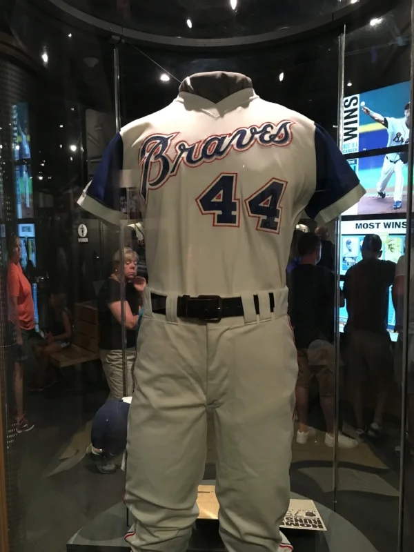 The uniform Hank Aaron wore when he broke Babe Ruth's all time home run record.