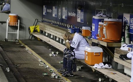 This is actually another back up catcher from 2010, Josh Bard. But man, no photo sums up the 2010 Seattle Mariners better than this one. ( Photo credit )