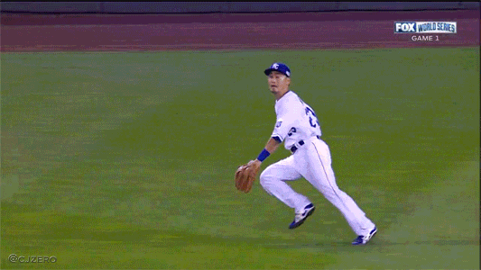 This happened in a 2014 World Series baseball game. Pro Tip: Do not start Nori Aoki in the outfield on your World Series competing baseball team (credit @CJZero).