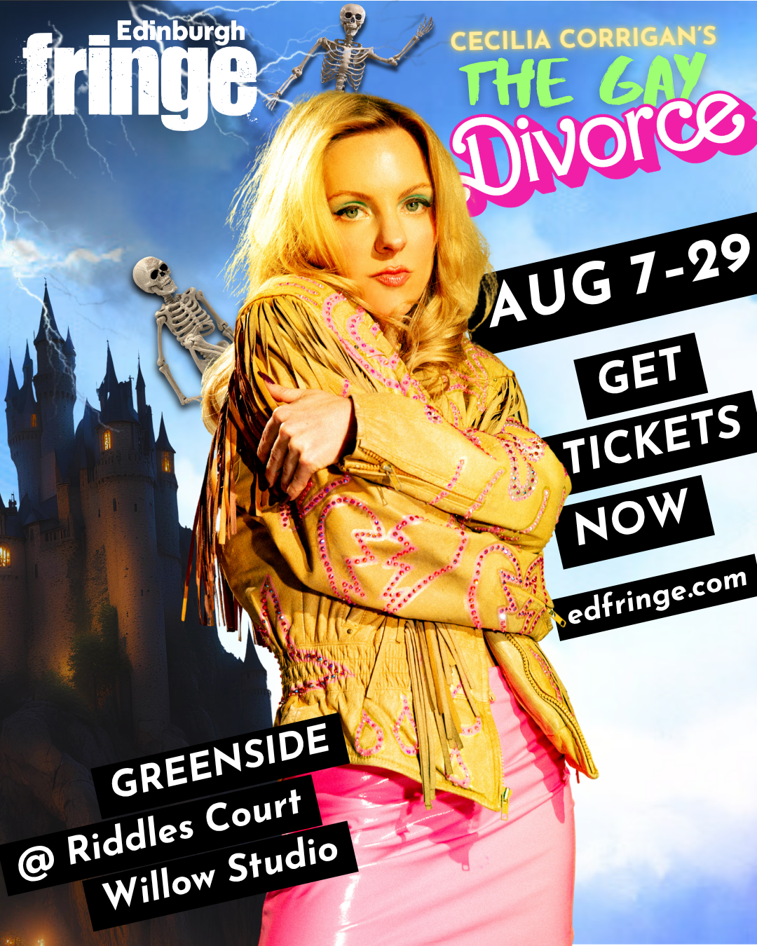 Poster for Cecilia Corrigan's The Gay Divorce one-woman comedy show at Edinburgh Fringe Festival