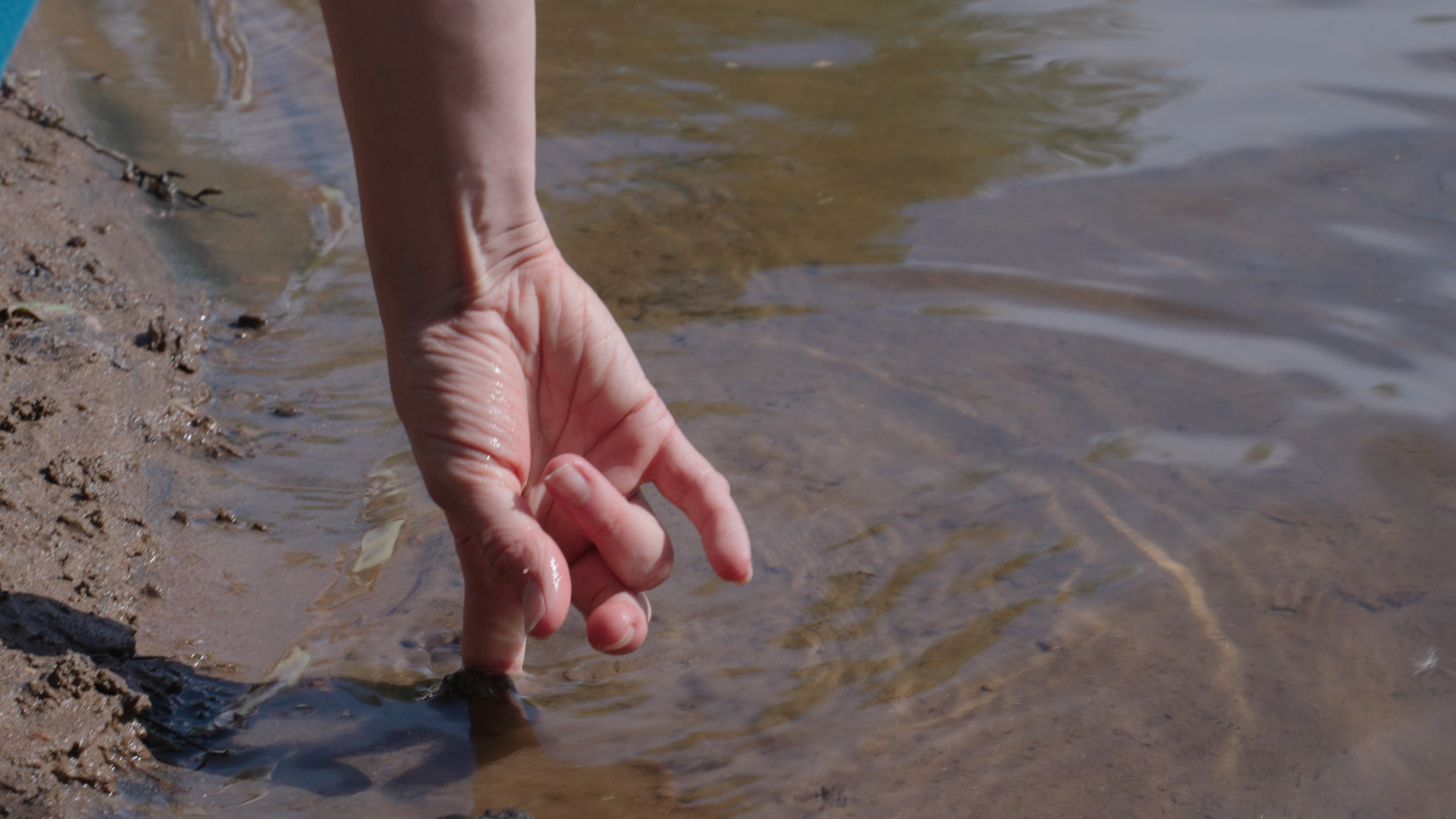 Close up of hand with one finger extended into water along a sandy bank