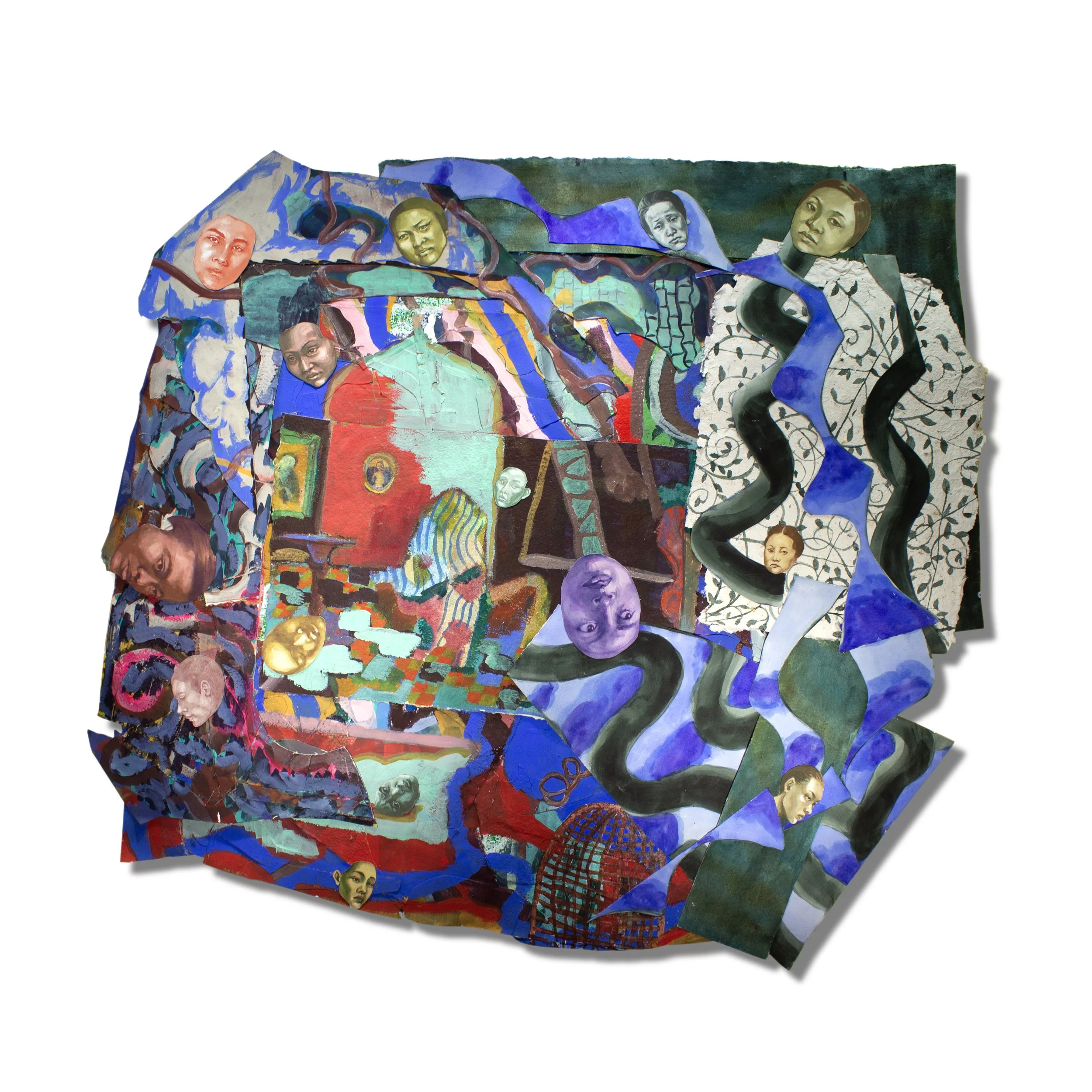 A House of Returning Faces, 47x41”, watercolor, acrylic and collage on paper.