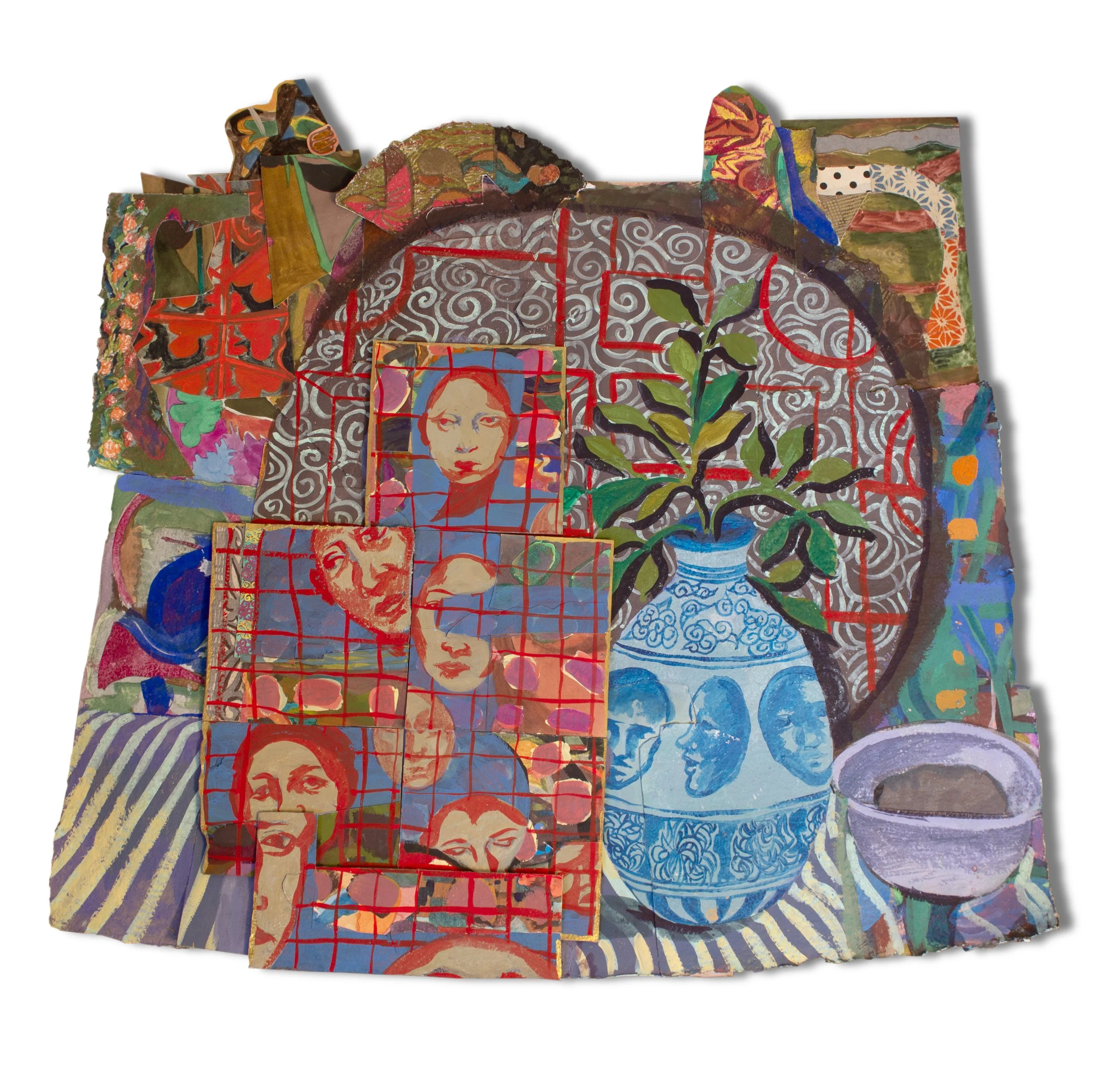 Silent Banquet, 38x35”, Acrylic, watercolor and collage on paper mounted on board.