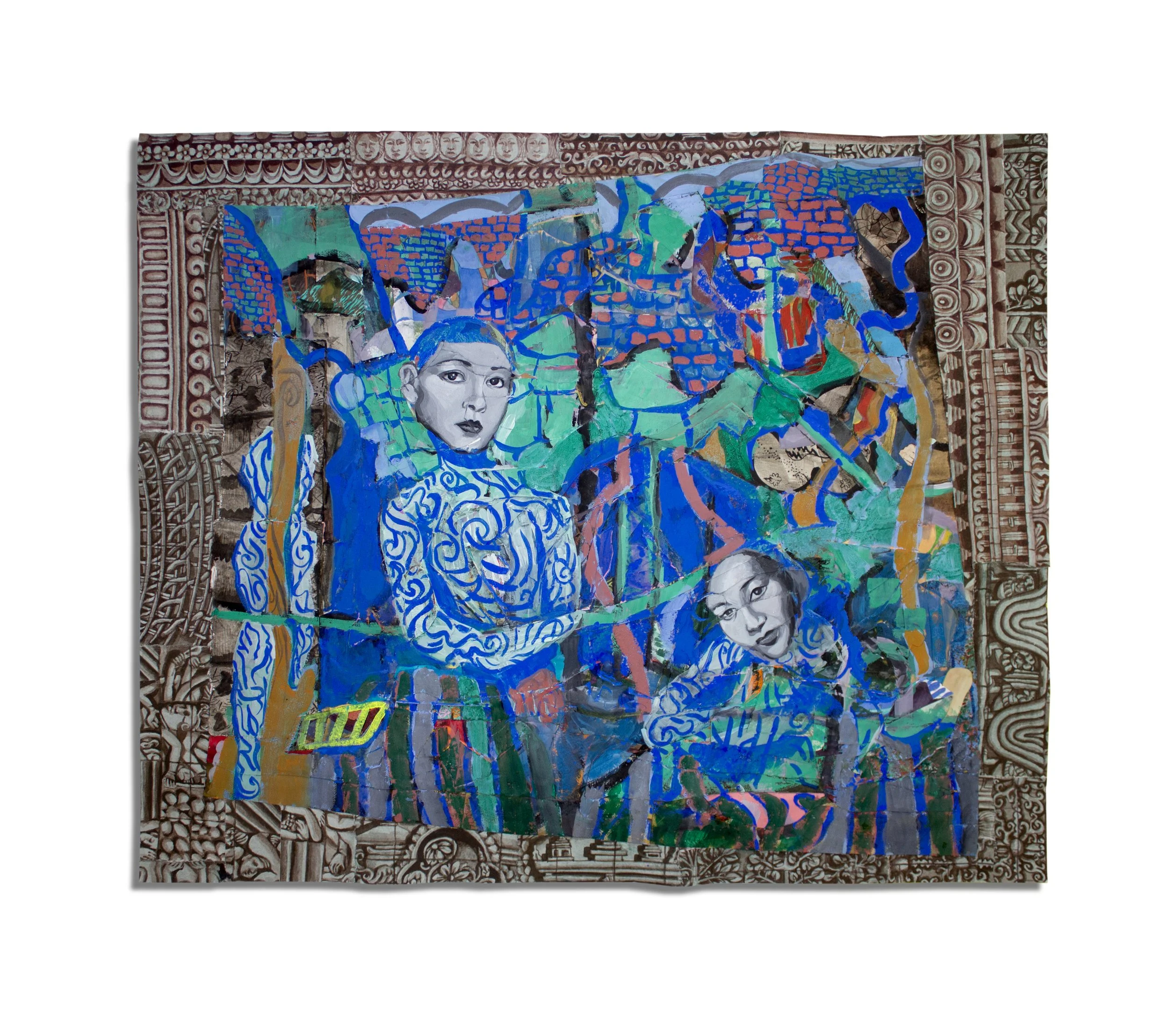 The Framed Encounter, 50x42”, watercolor, acrylic and collage on paper.