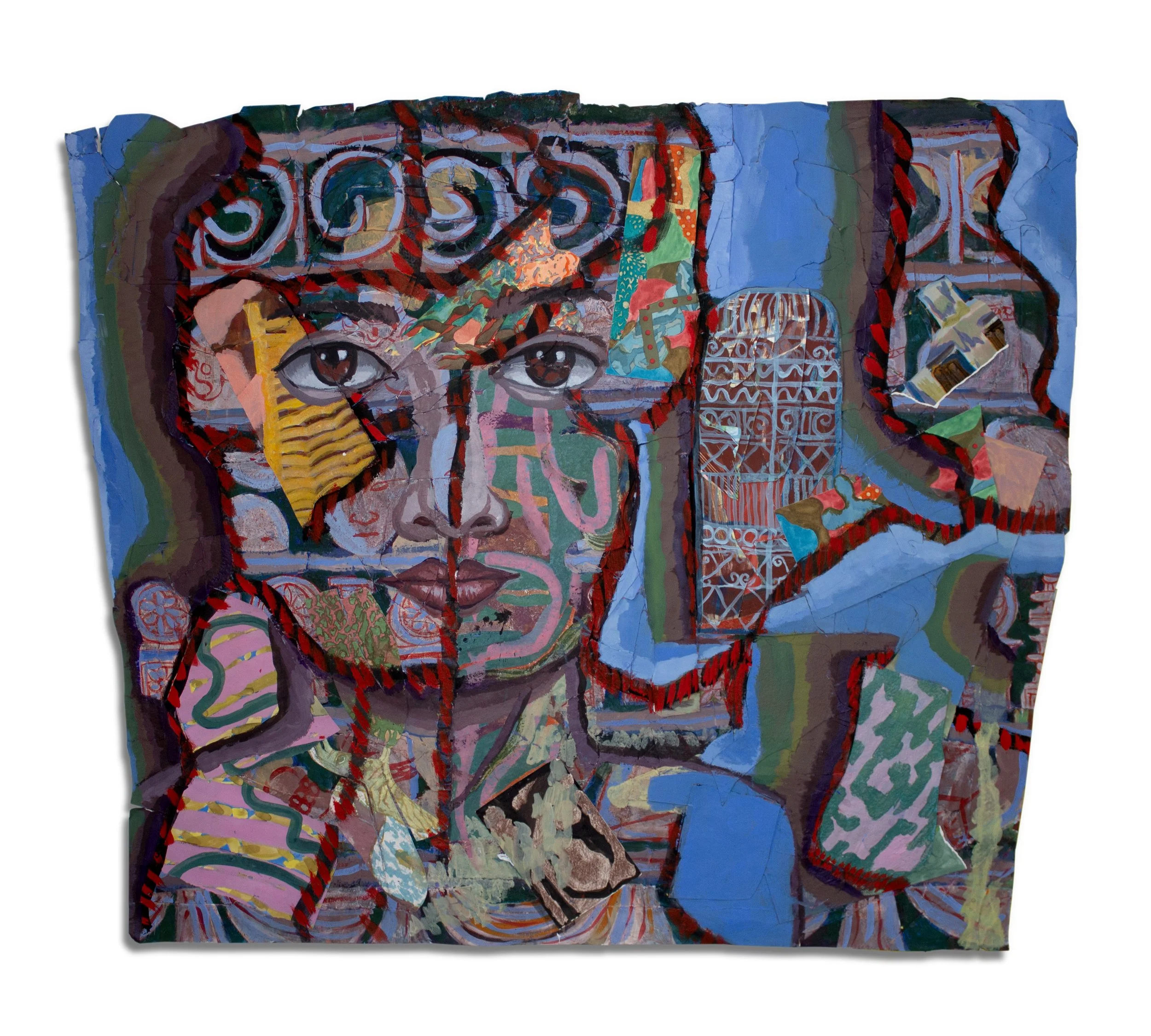 The Assembled Face, 51x59", watercolor, acrylic, and collage on paper.