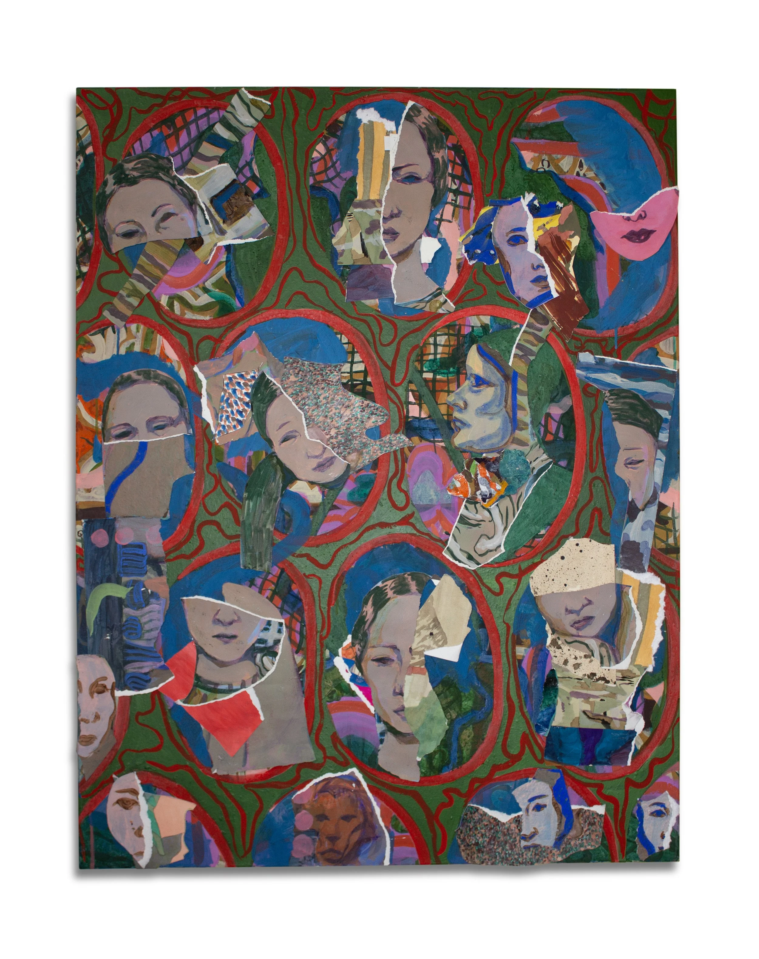 Each Day, A Face, 34x44", watercolor, acrylic, and collage on paper, stretched over wooden board.