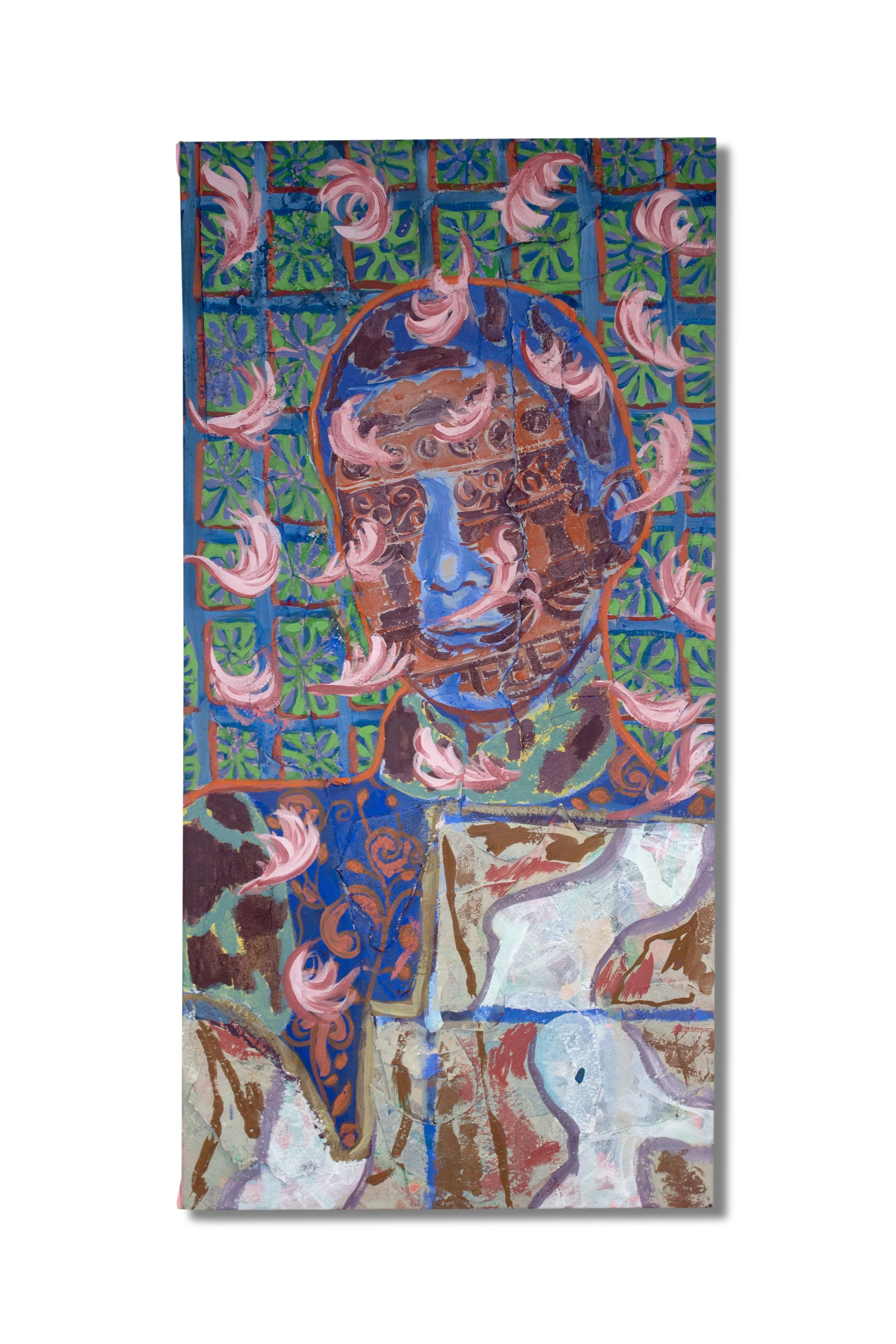 Unface, 18x36”, acrylic and collage on paper stretched over wooden bars.