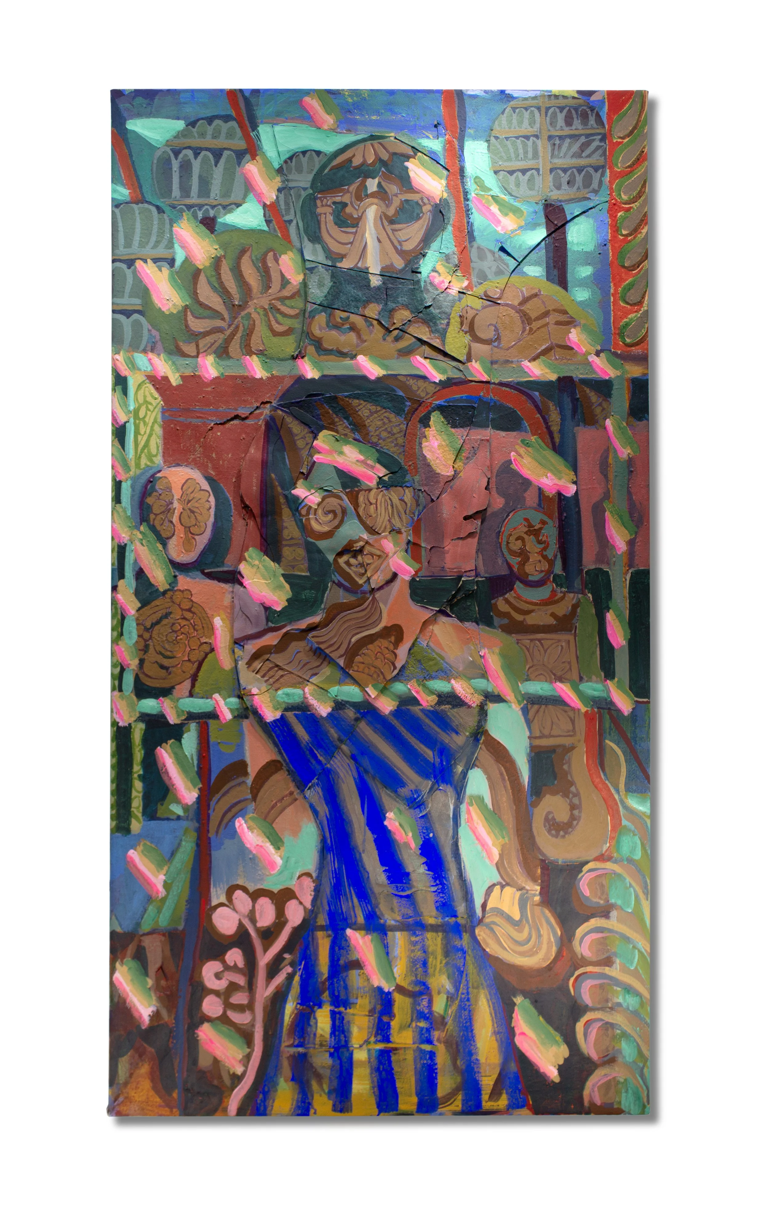 Between Ornament and Body, 25x48”, acrylic and collage on paper stretched over wooden bars.