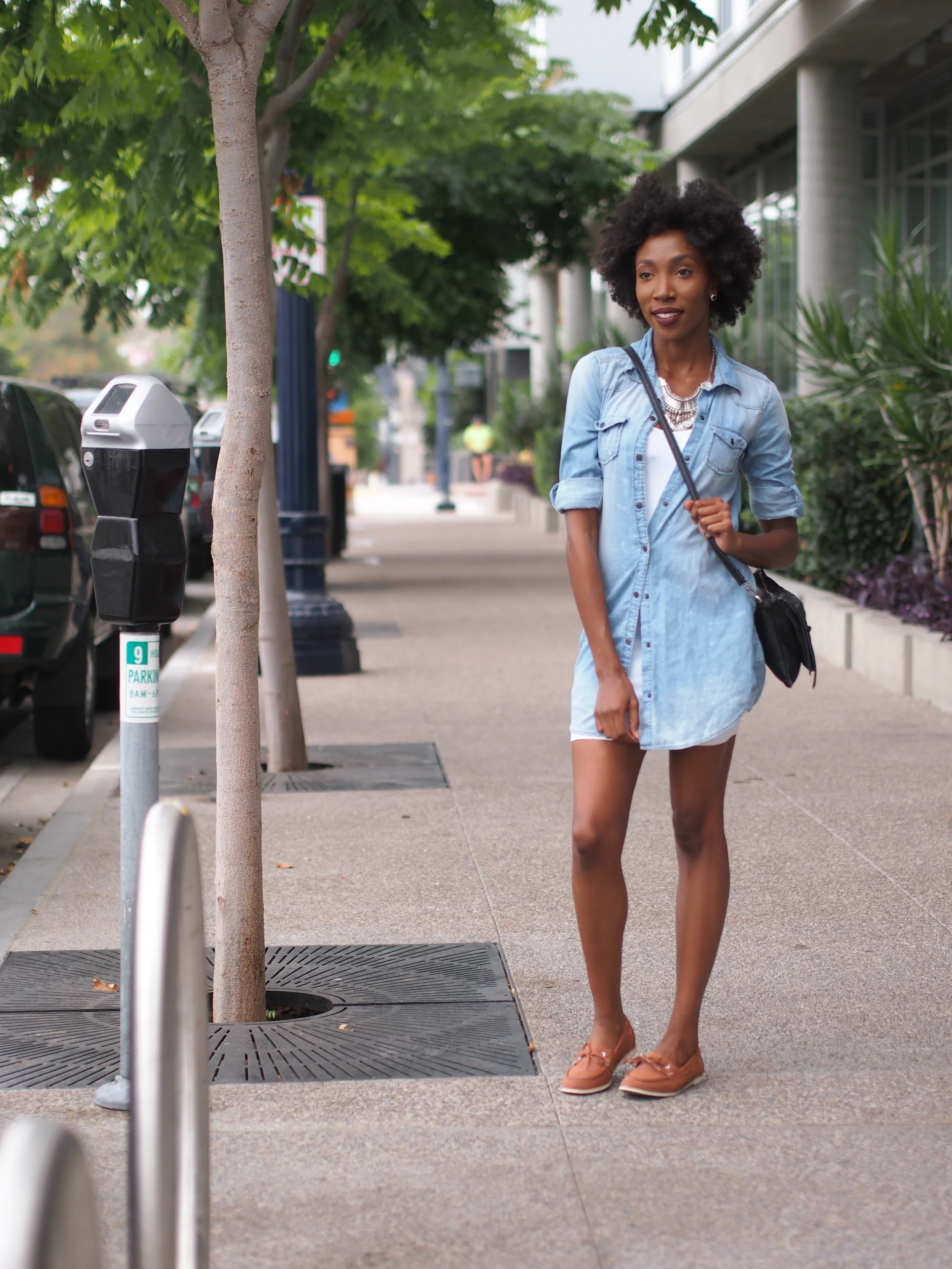Denim Top: Ross Dress for Less White Basic Dress: H&M Bag: Forever 21 Necklace: Boho Chic USA 